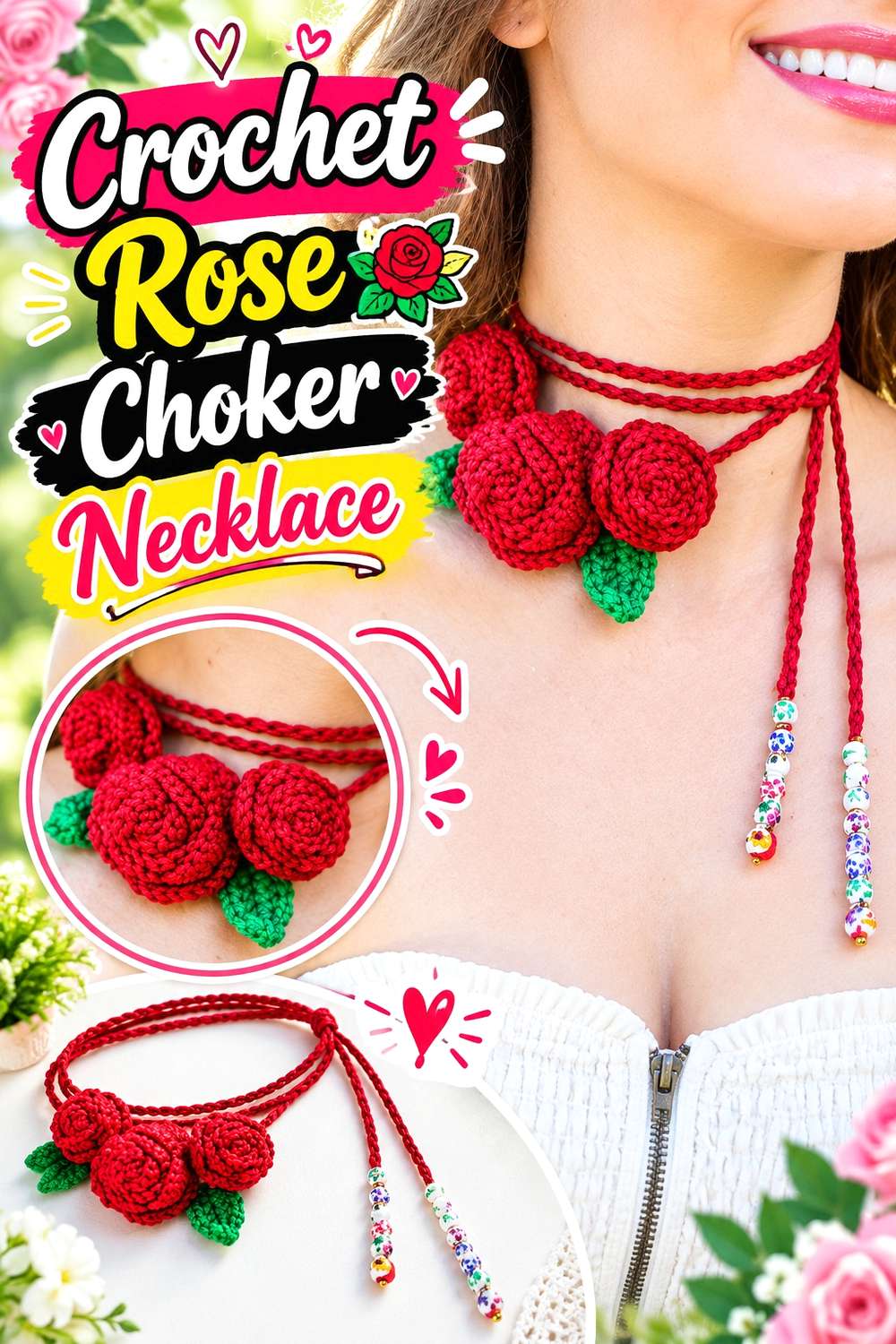 Crochet Rose Choker Necklace