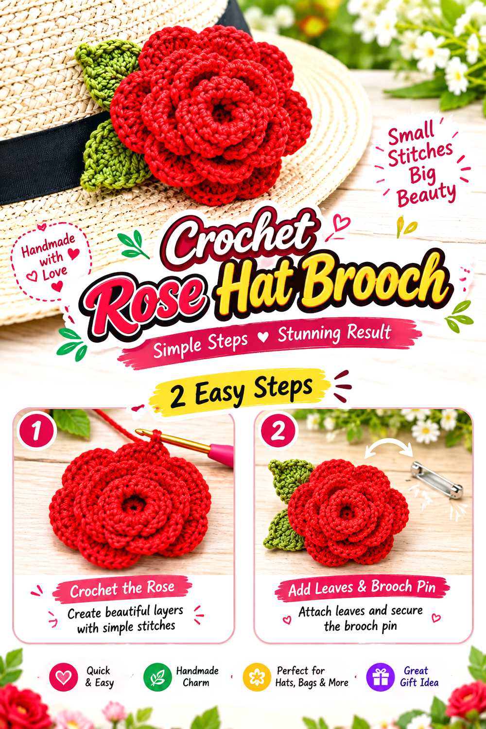 Crochet Rose Hat Brooch