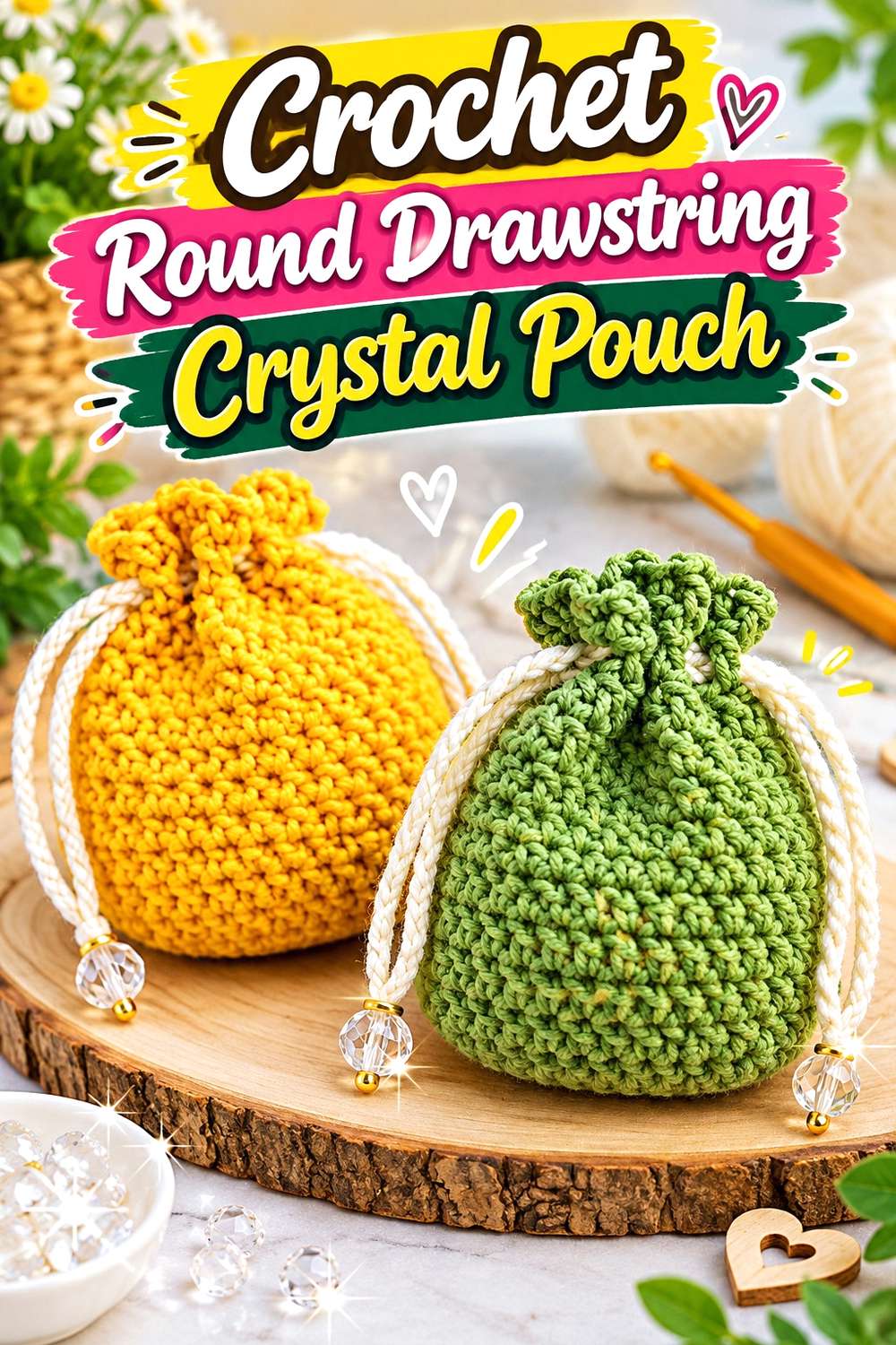 Crochet Round Drawstring Crystal Pouch
