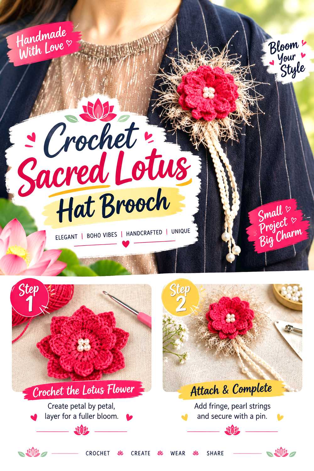 Crochet Sacred Lotus Hat Brooch