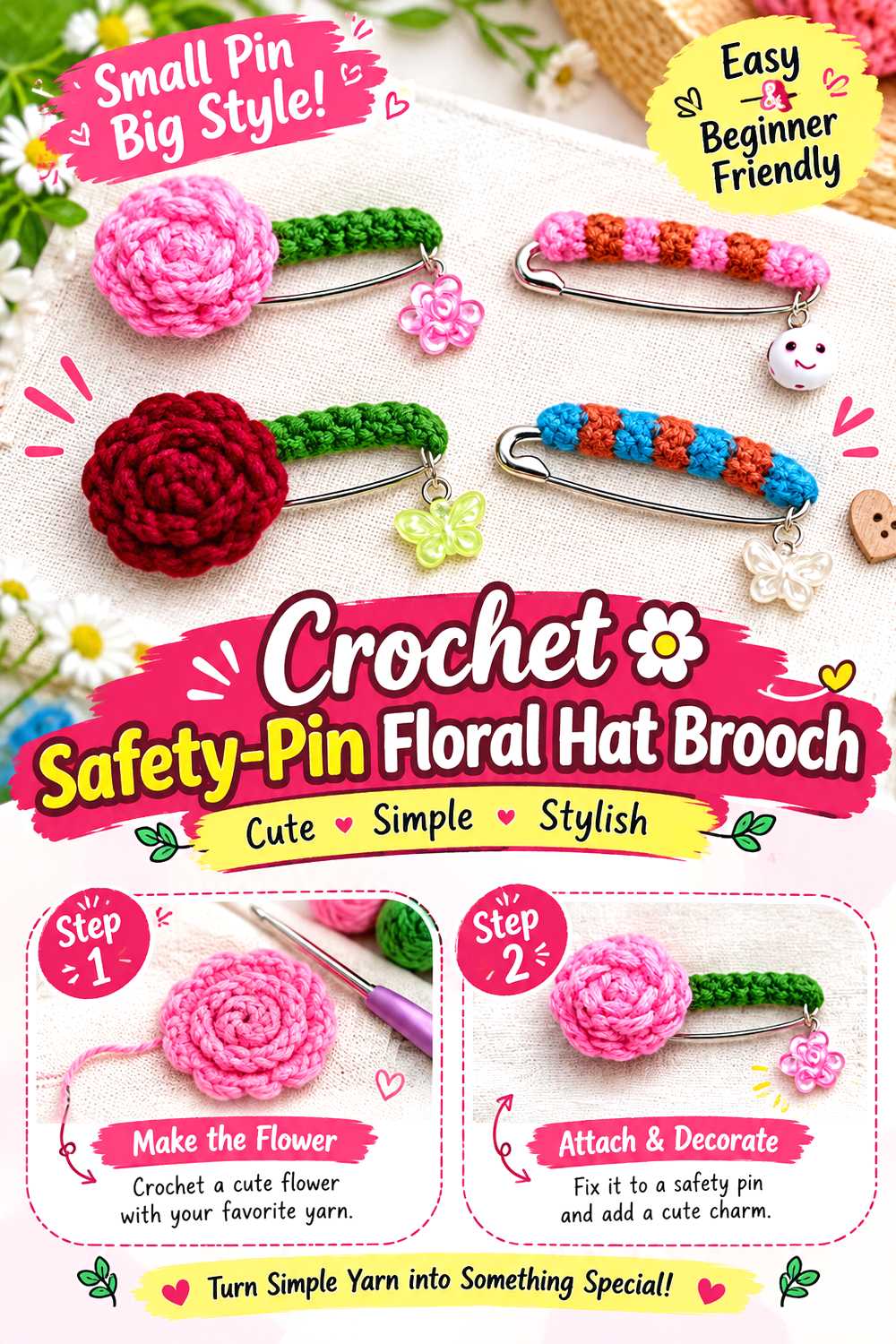 Crochet Safety Pin Floral Hat Brooch