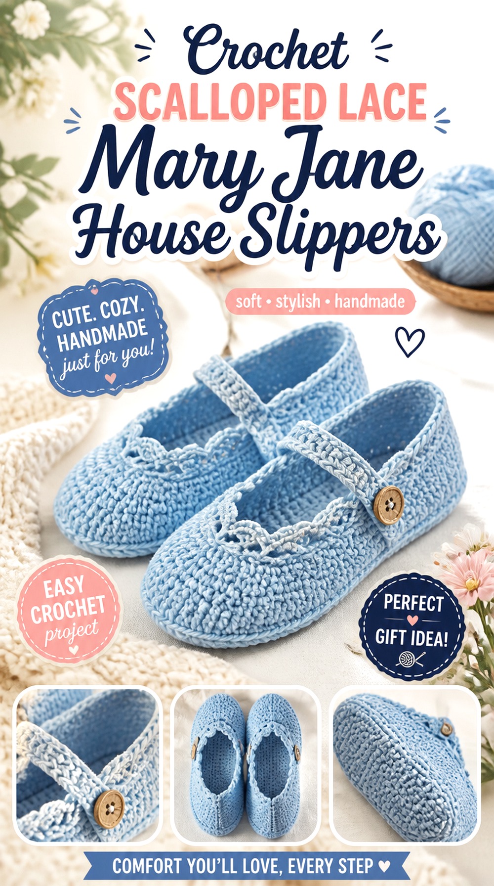 Crochet Scalloped Lace Mary Jane House Slippers
