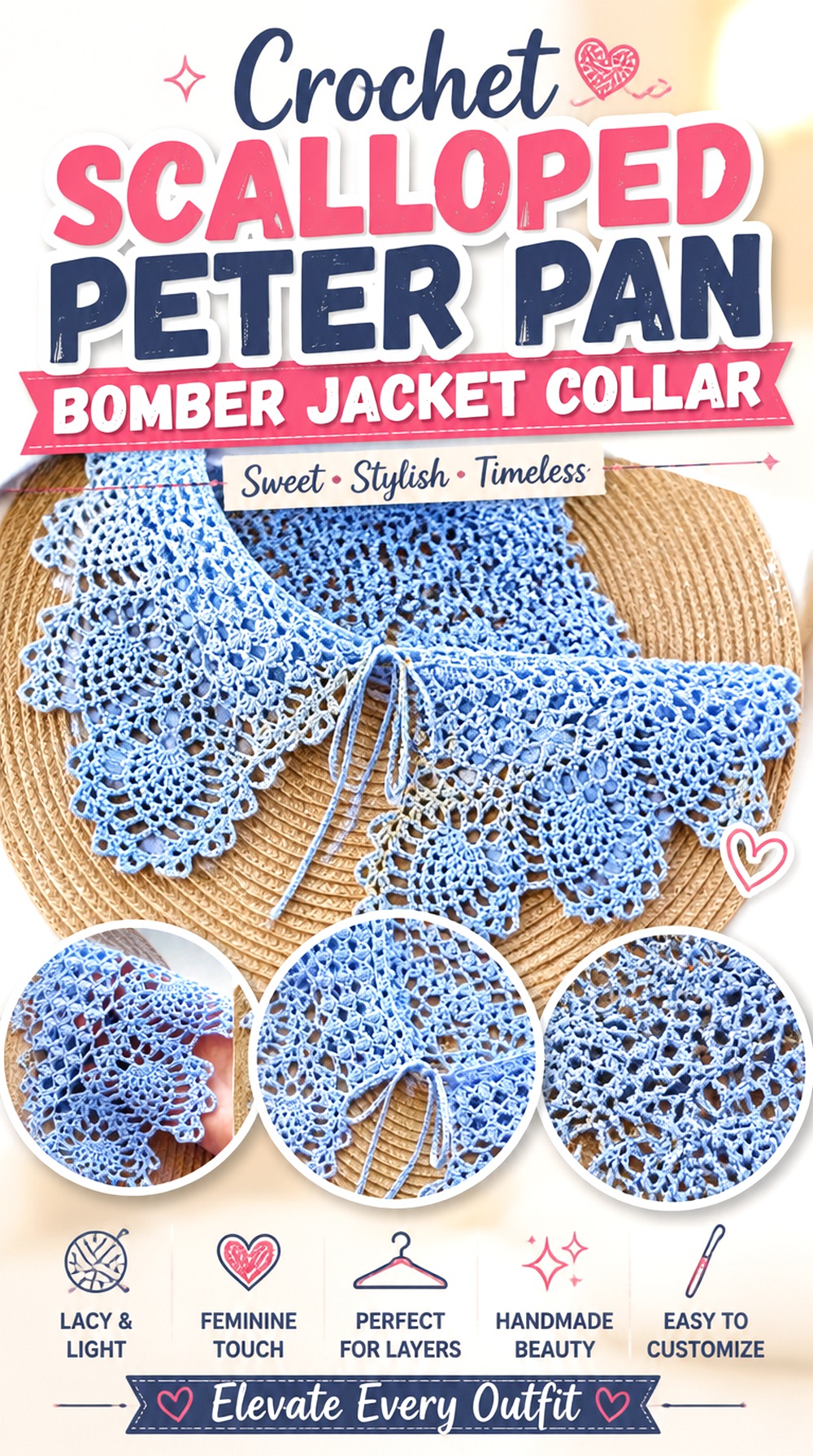 Crochet Scalloped Peter Pan Bomber Jacket Collar