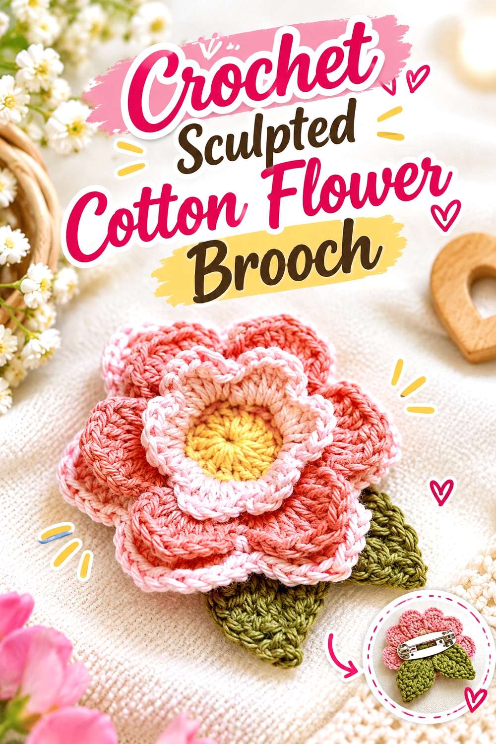 Crochet Sculpted Cotton Flower Brooch