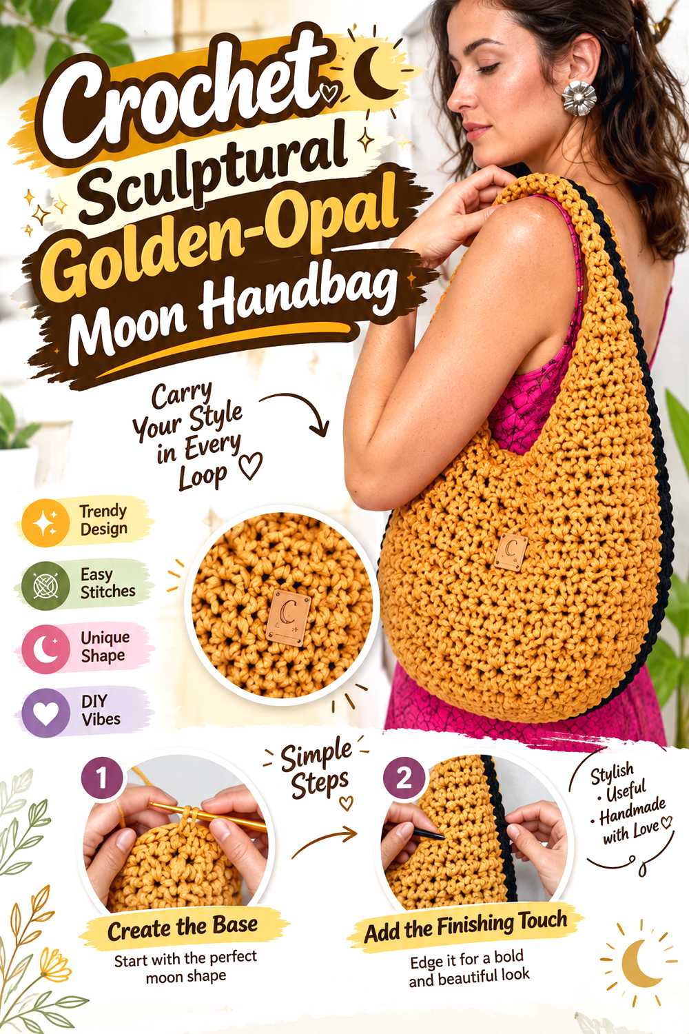 Crochet Sculptural Golden Opal Moon Handbag