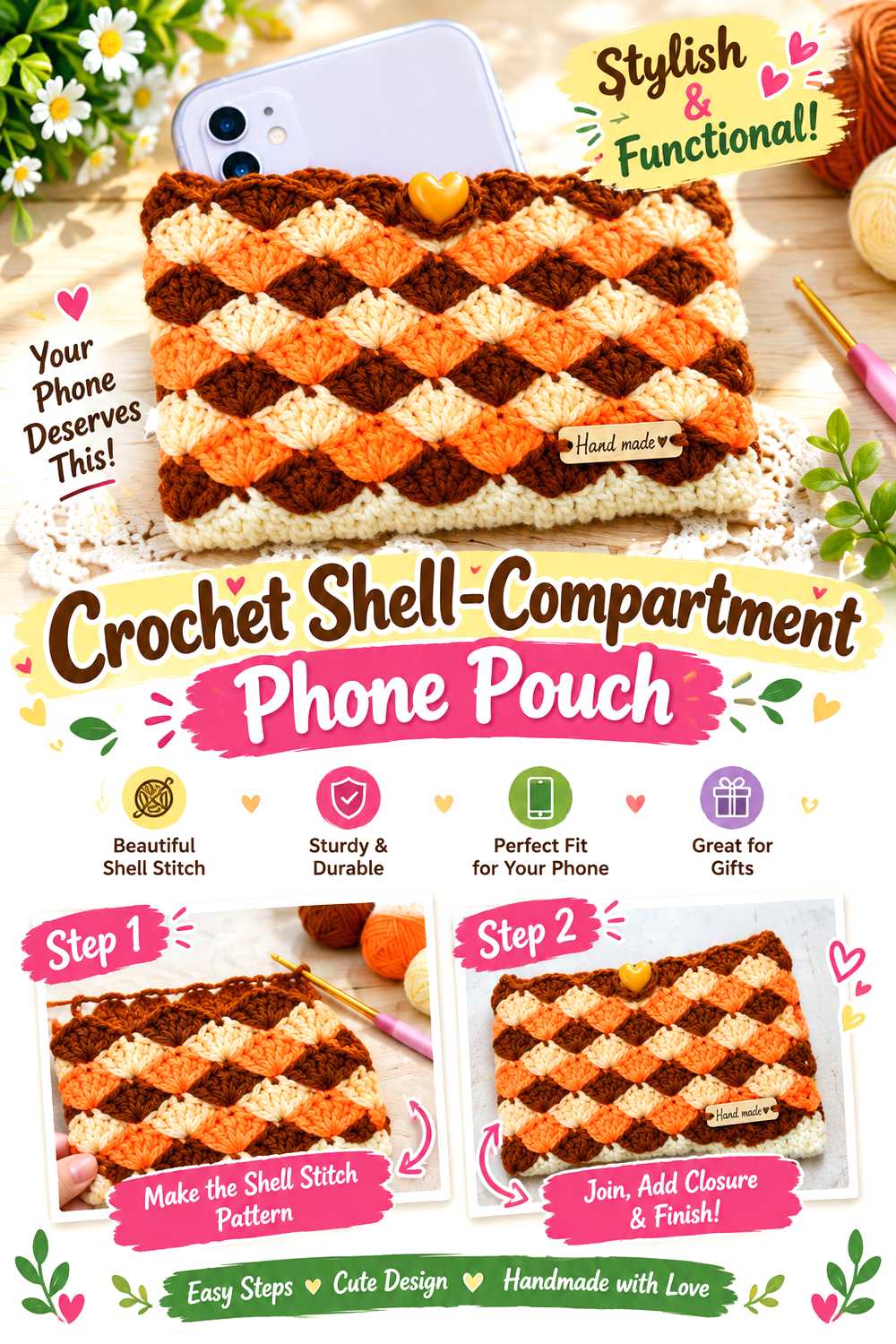 Crochet Shell Compartment Phone Pouch