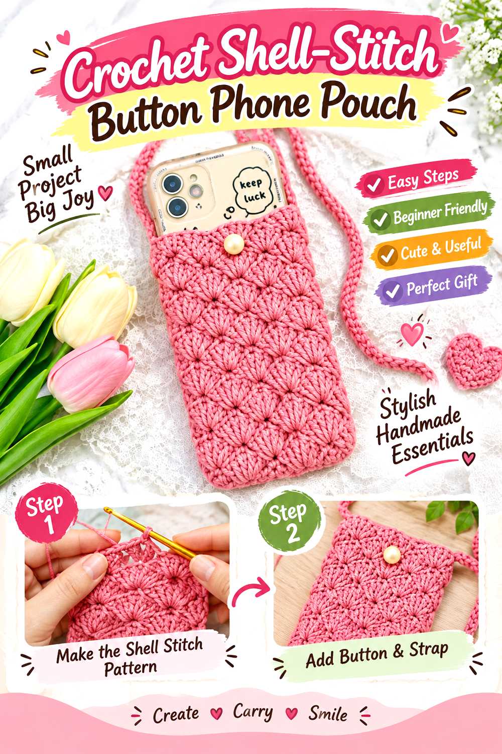 Crochet Shell Stitch Button Phone Pouch
