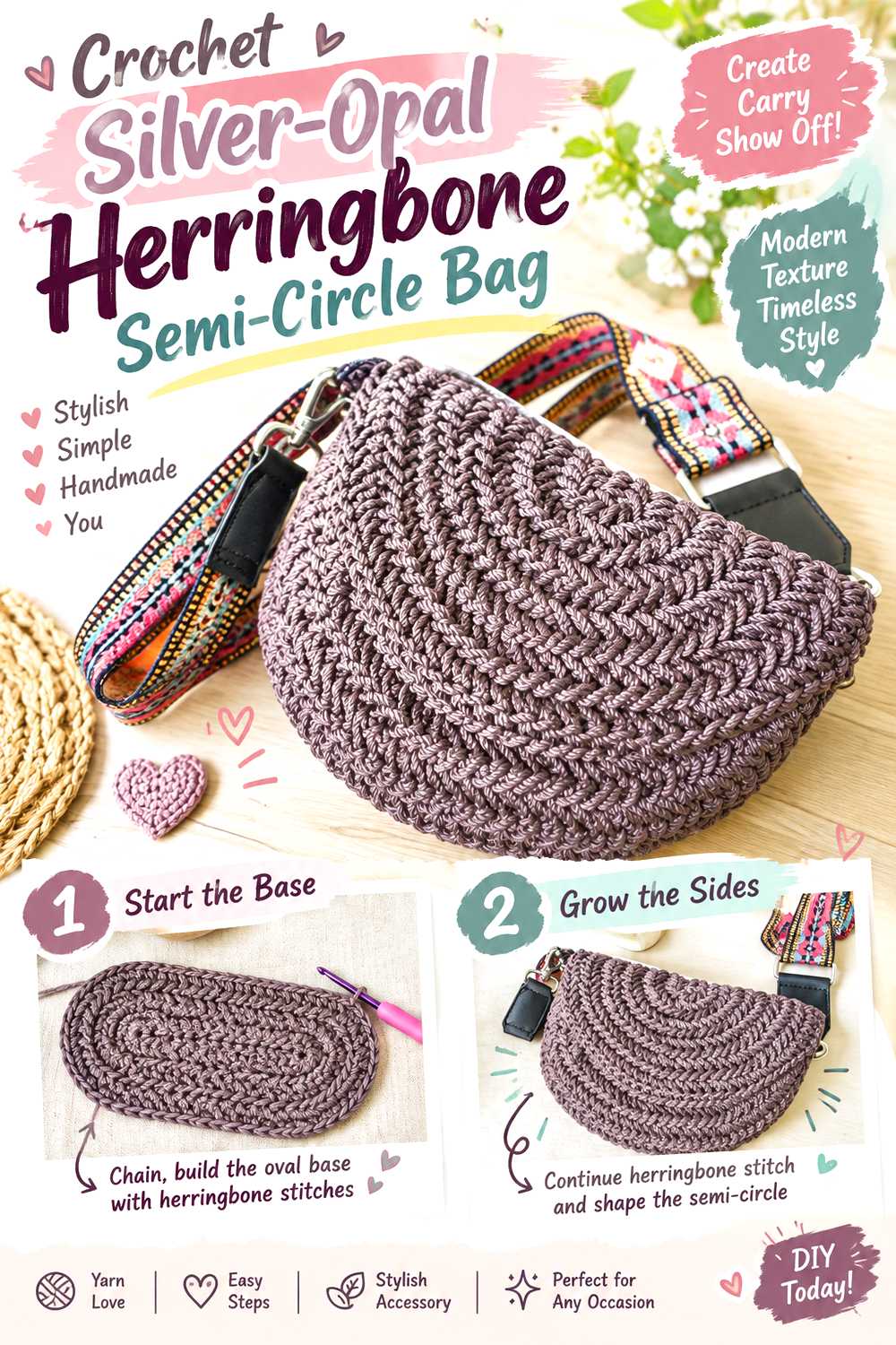 Crochet Silver Opal Herringbone Semi Circle Bag