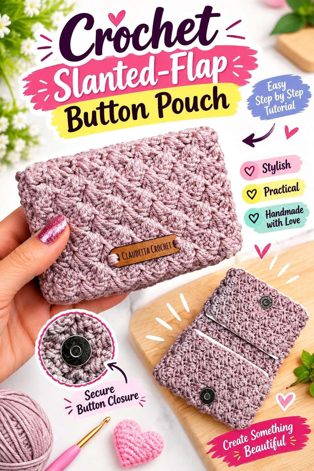 Crochet Slanted-Flap Button Pouch