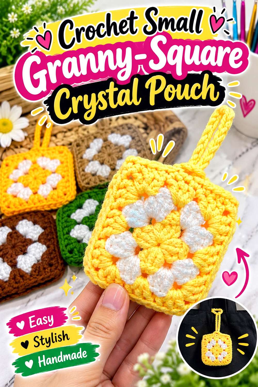 Crochet Small Granny-Square Crystal Pouch