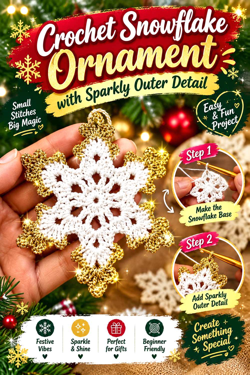 Crochet Snowflake Ornament with Sparkly Outer Detail