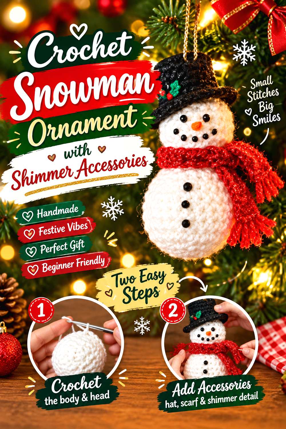Crochet Snowman Ornament with Shimmer Accessories
