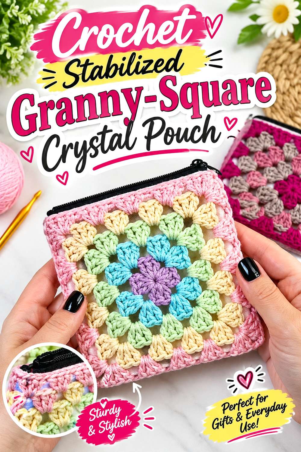 Crochet Stabilized Granny-Square Crystal Pouch