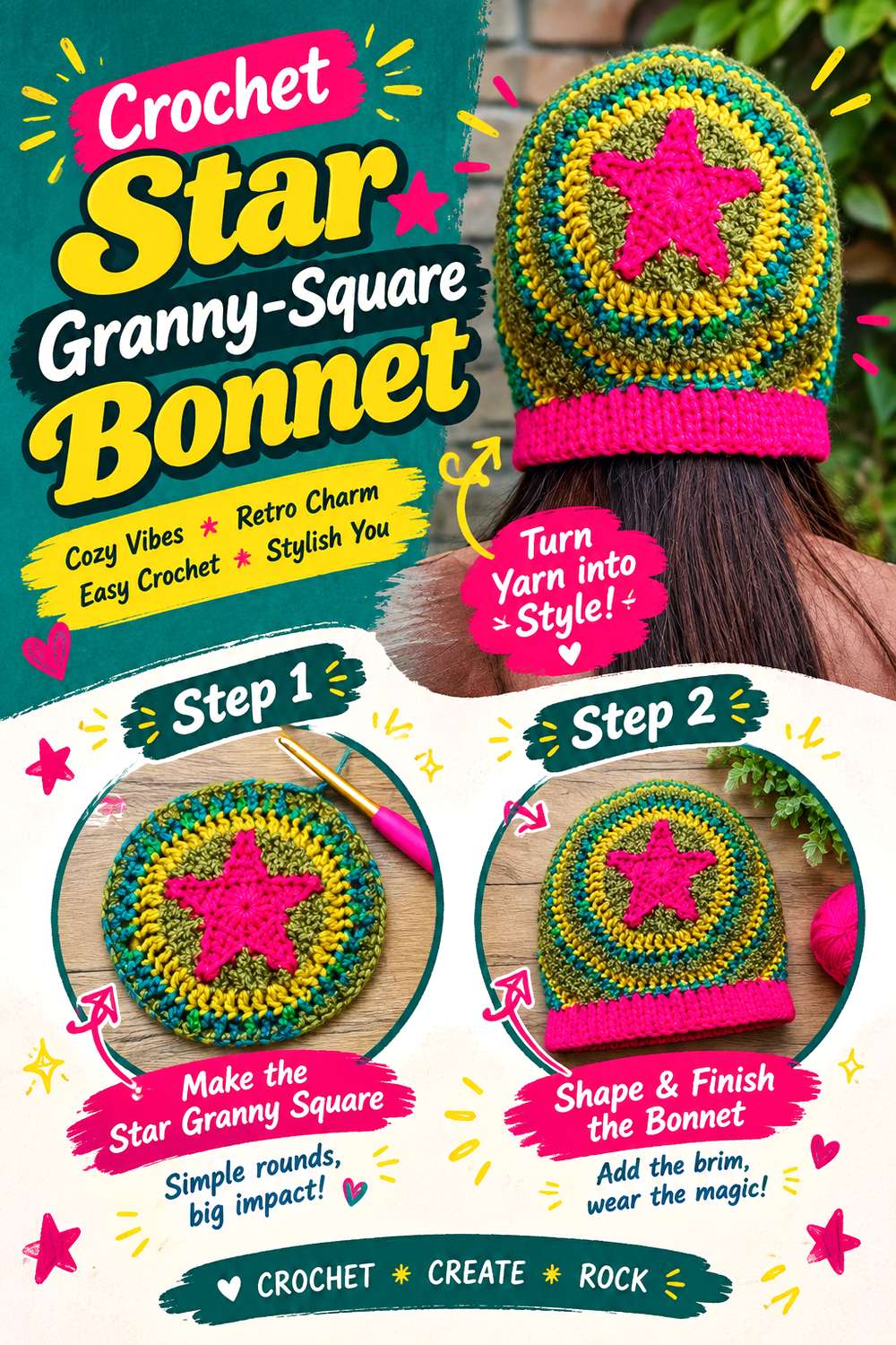 Crochet Star Granny-Square Bonnet