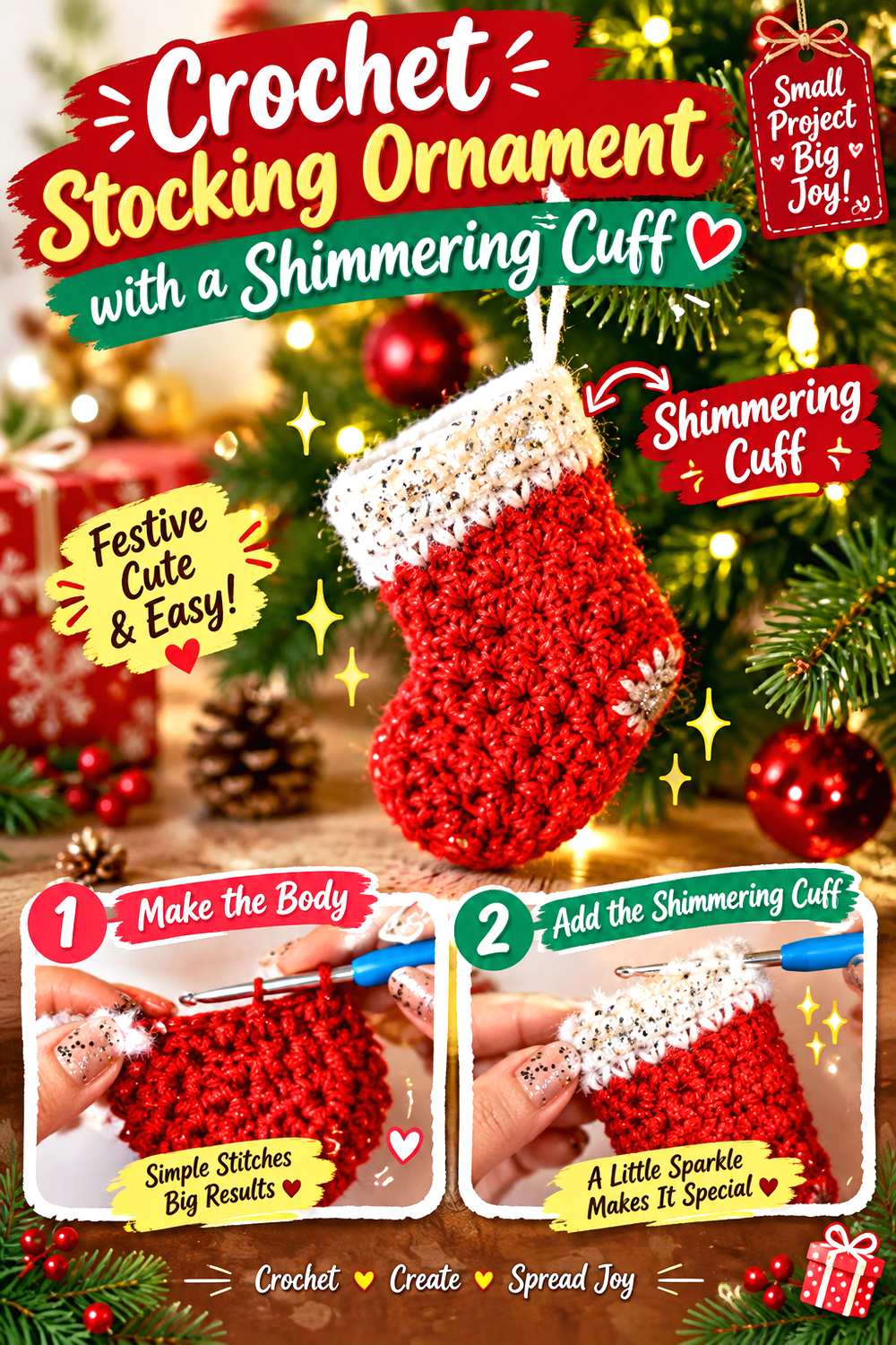 Crochet Stocking Ornament with a Shimmering Cuff