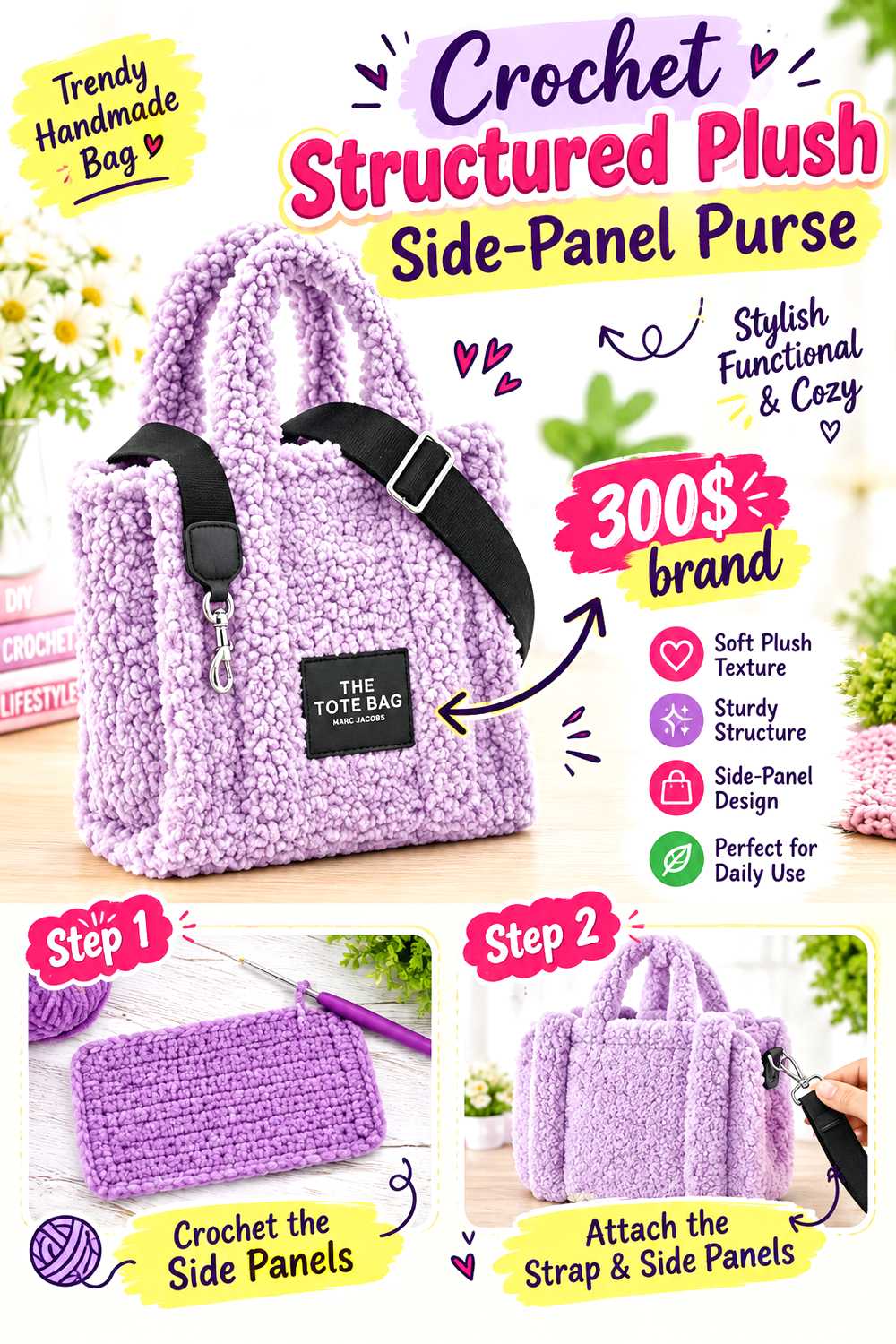 Crochet Structured Plush Side Panel Purse