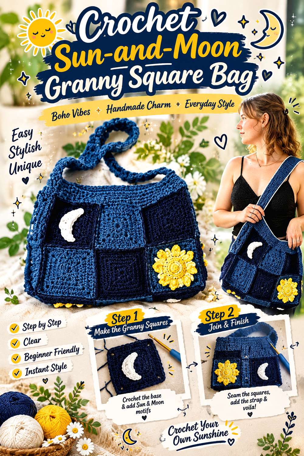 Crochet Sun-and-Moon Granny Square Bag