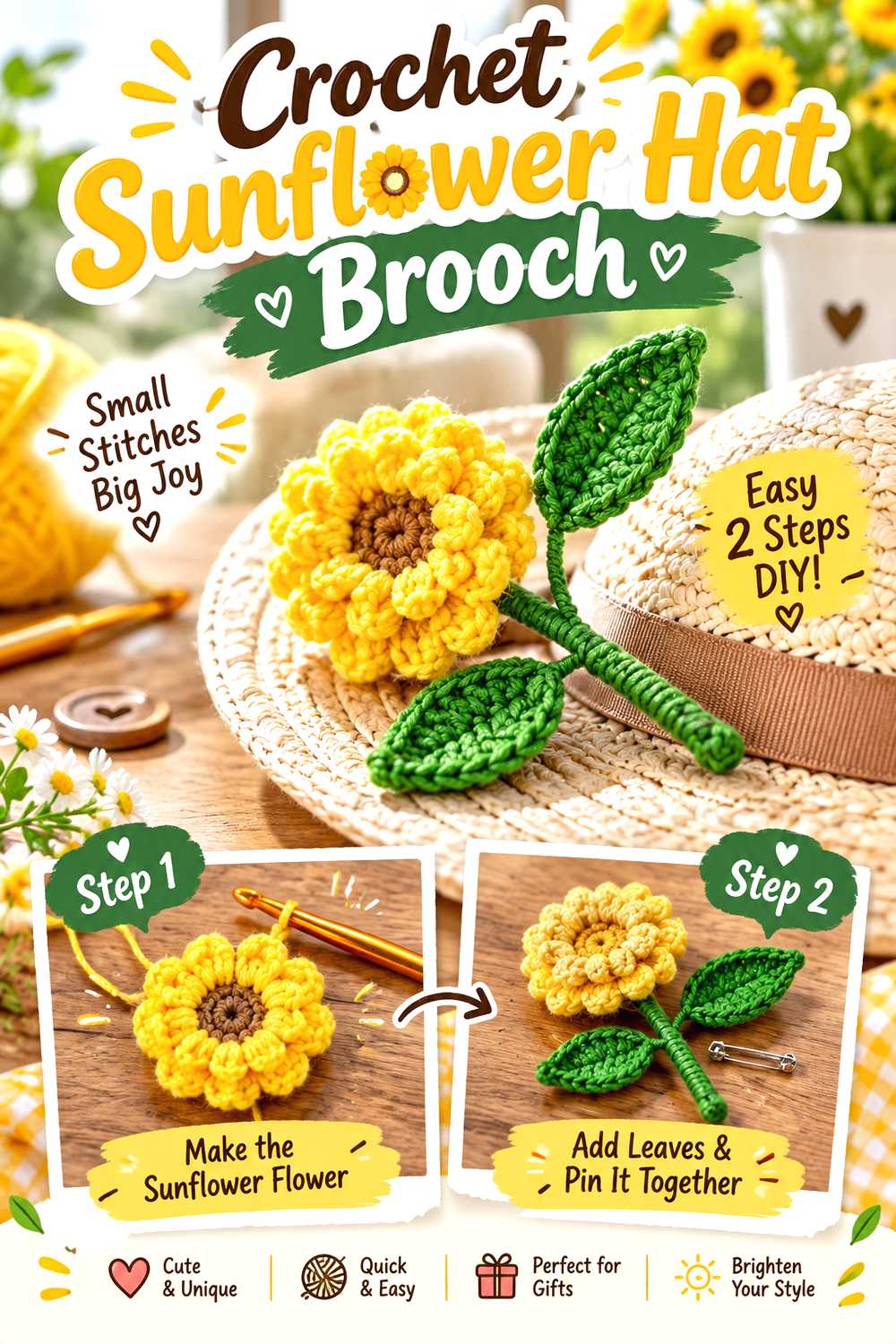 Crochet Sunflower Hat Brooch