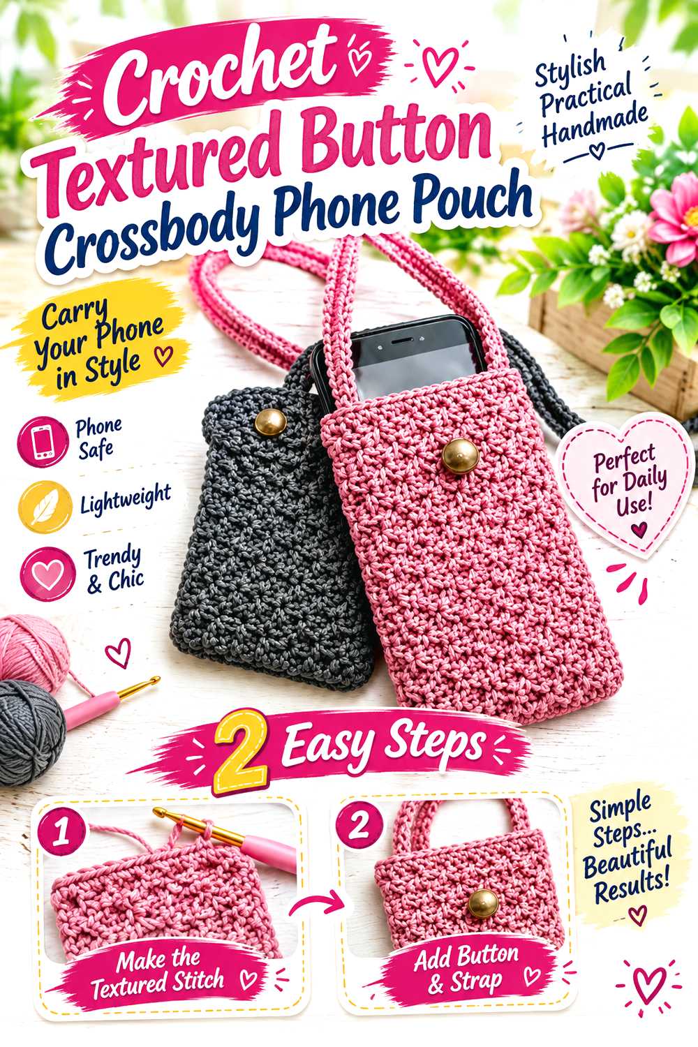 Crochet Textured Button Crossbody Phone Pouch