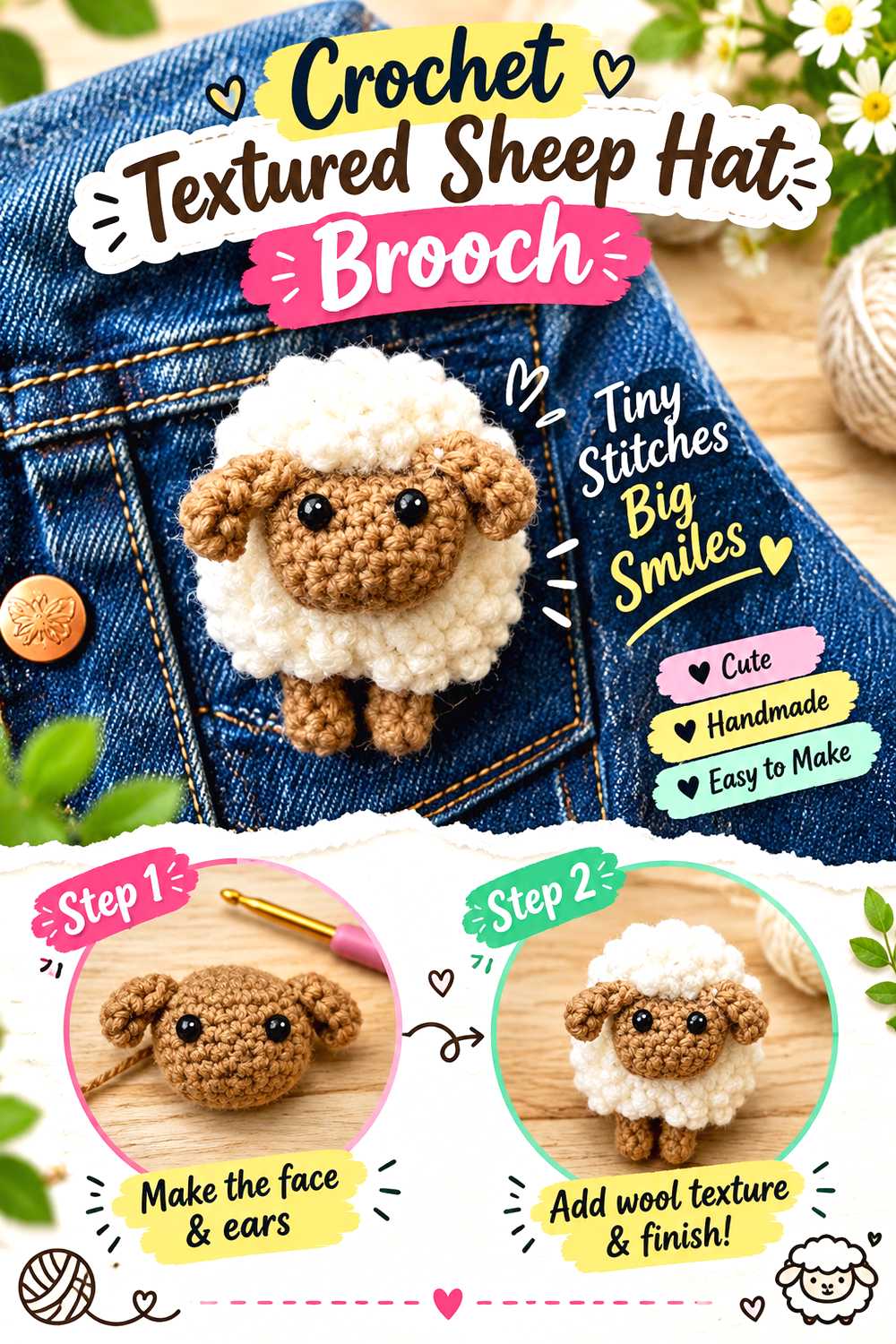 Crochet Textured Sheep Hat Brooch