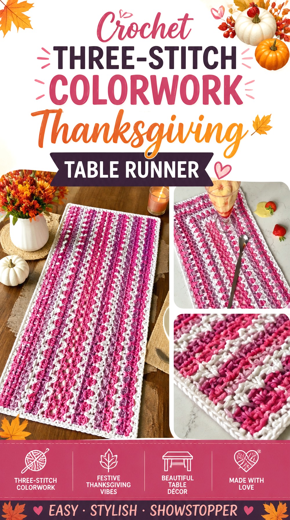 Crochet Three Stitch Colorwork Thanksgiving Table Runner
