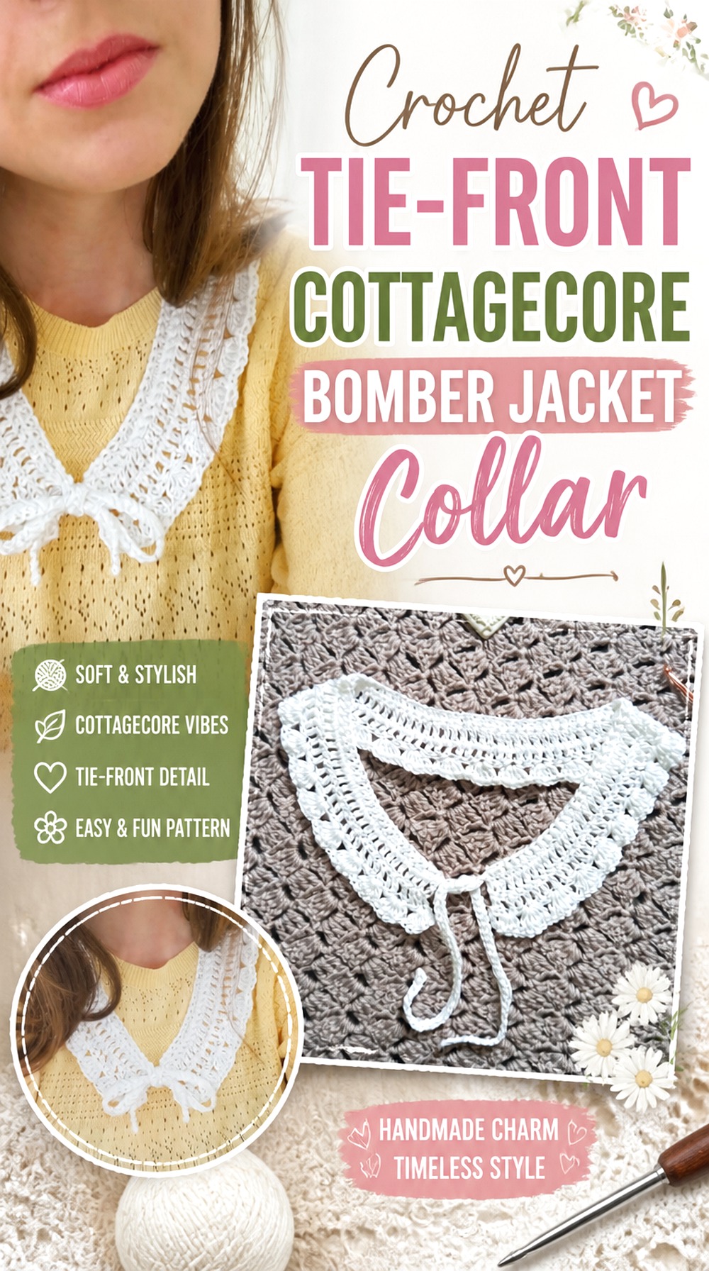 Crochet Tie Front Cottagecore Bomber Jacket Collar