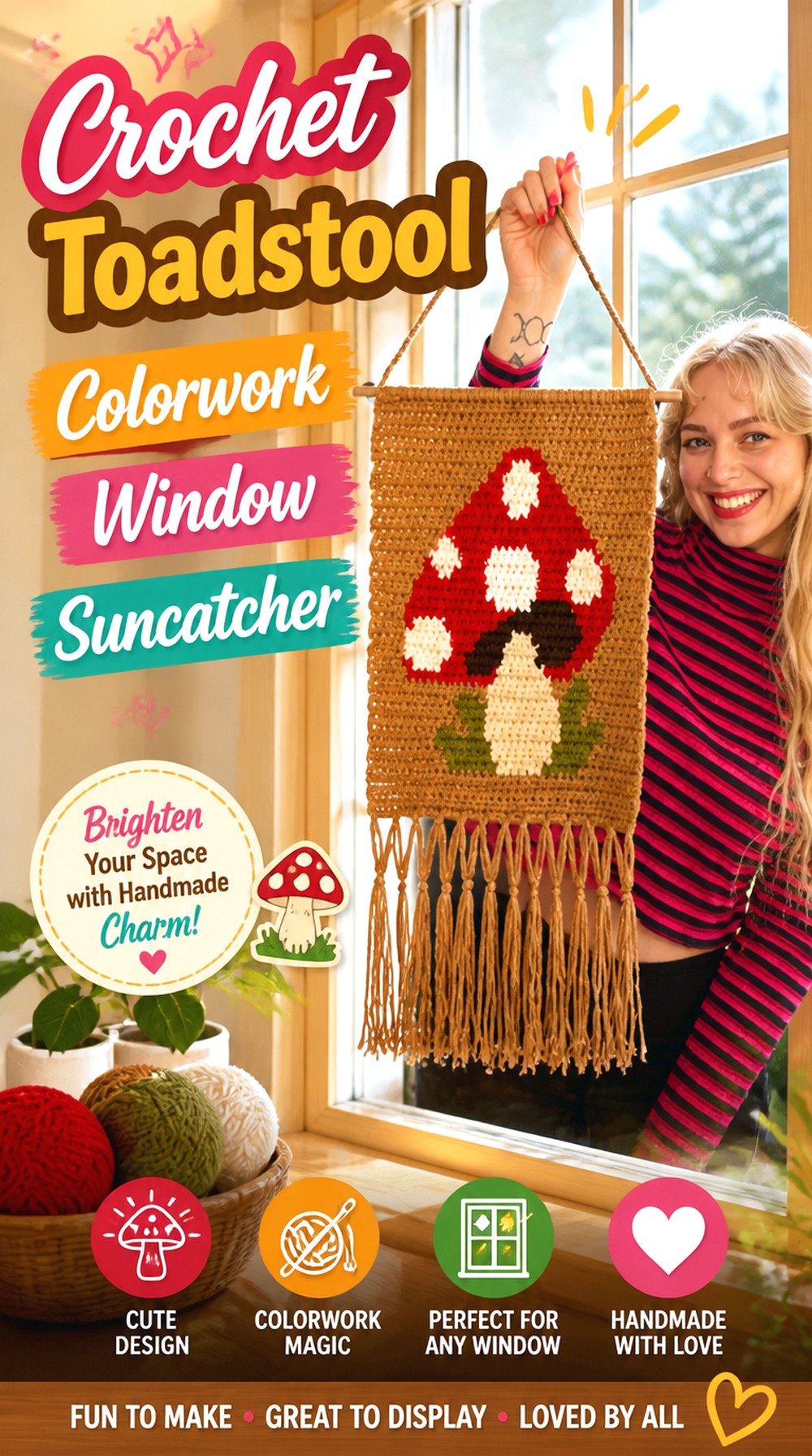 Crochet Toadstool Colorwork Window Suncatcher
