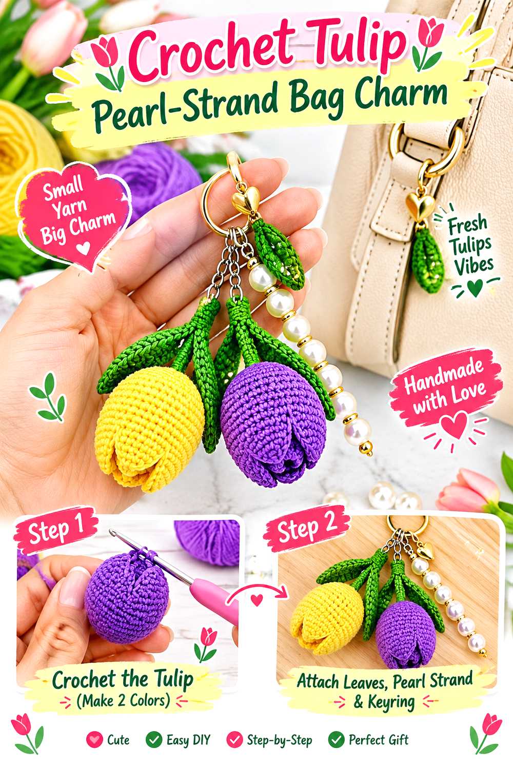Crochet Tulip Pearl Strand Bag Charm