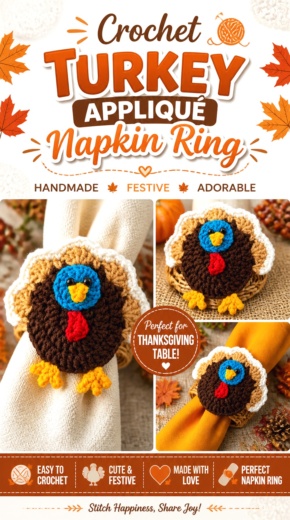 Crochet Turkey Appliqué Napkin Ring