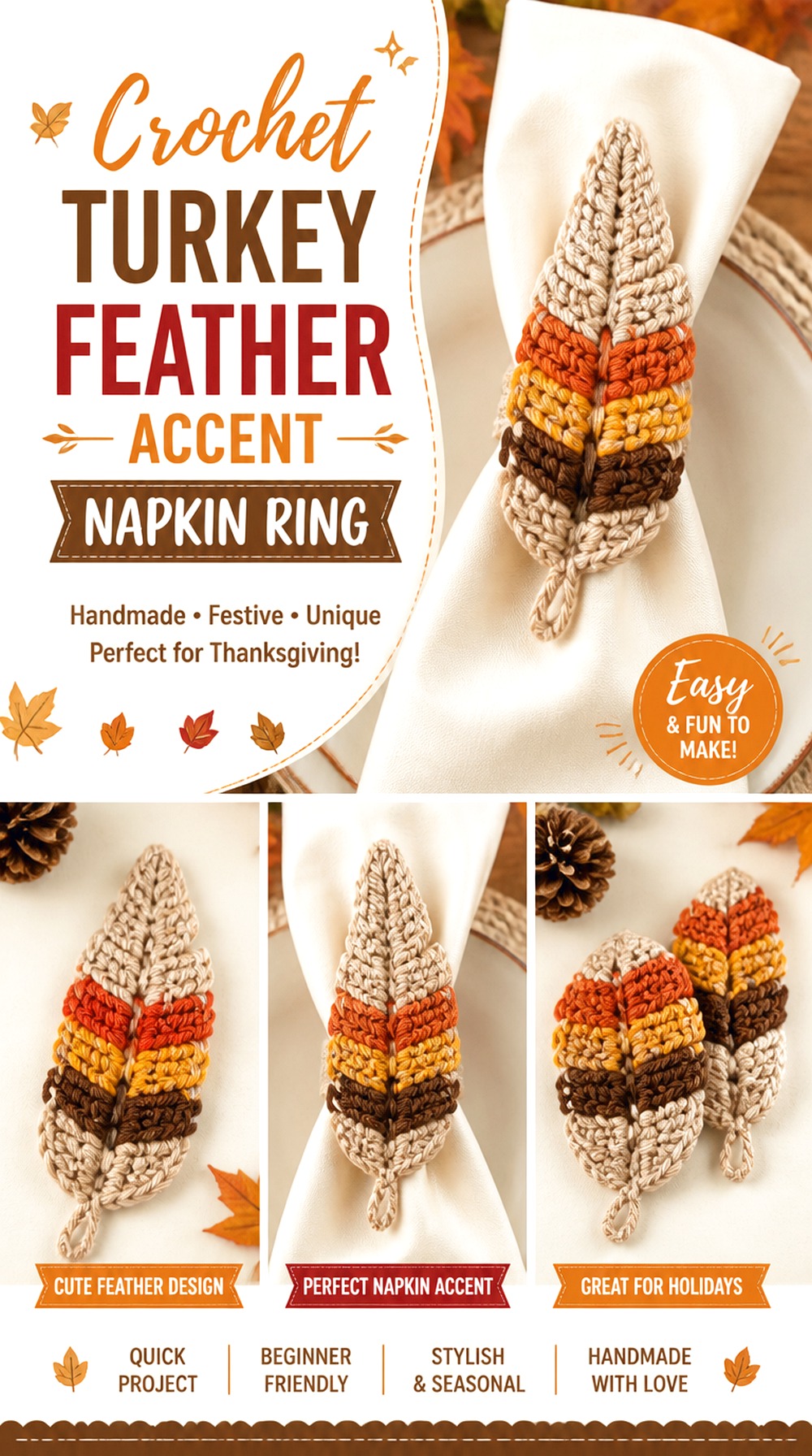 Crochet Turkey Feather Accent Napkin Ring