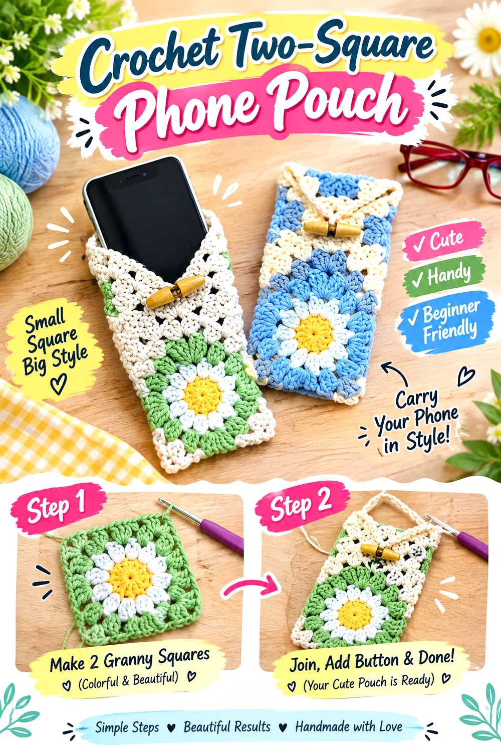 Crochet Two Square Phone Pouch