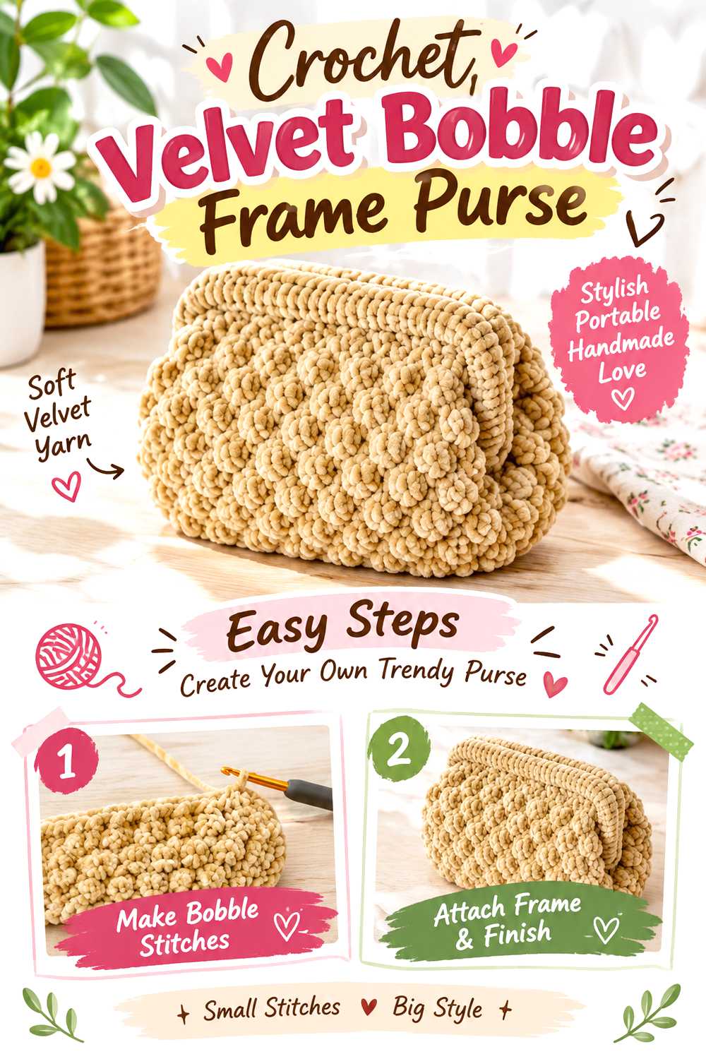 Crochet Velvet Bobble Frame Purse