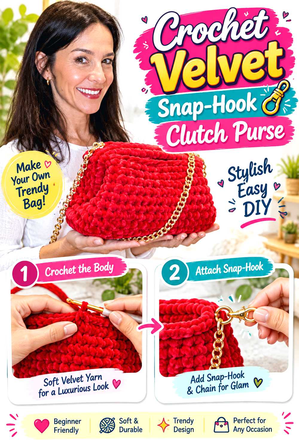 Crochet Velvet Snap Hook Clutch Purse