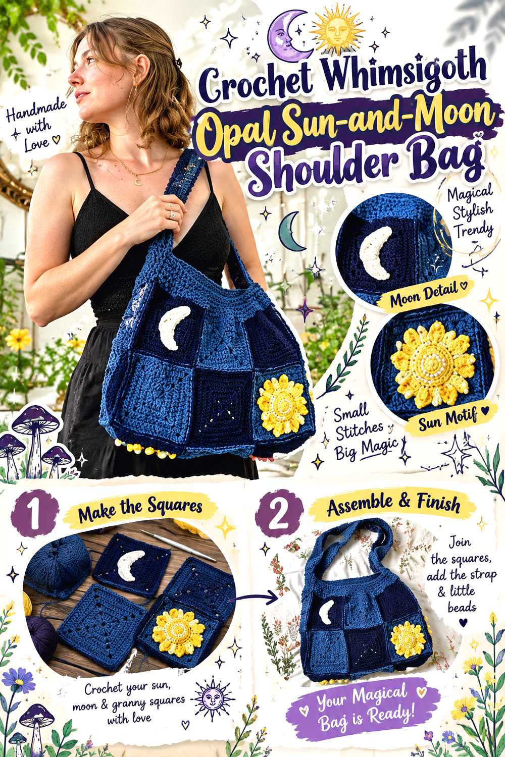 Crochet Whimsigoth Opal Sun and Moon Shoulder Bag