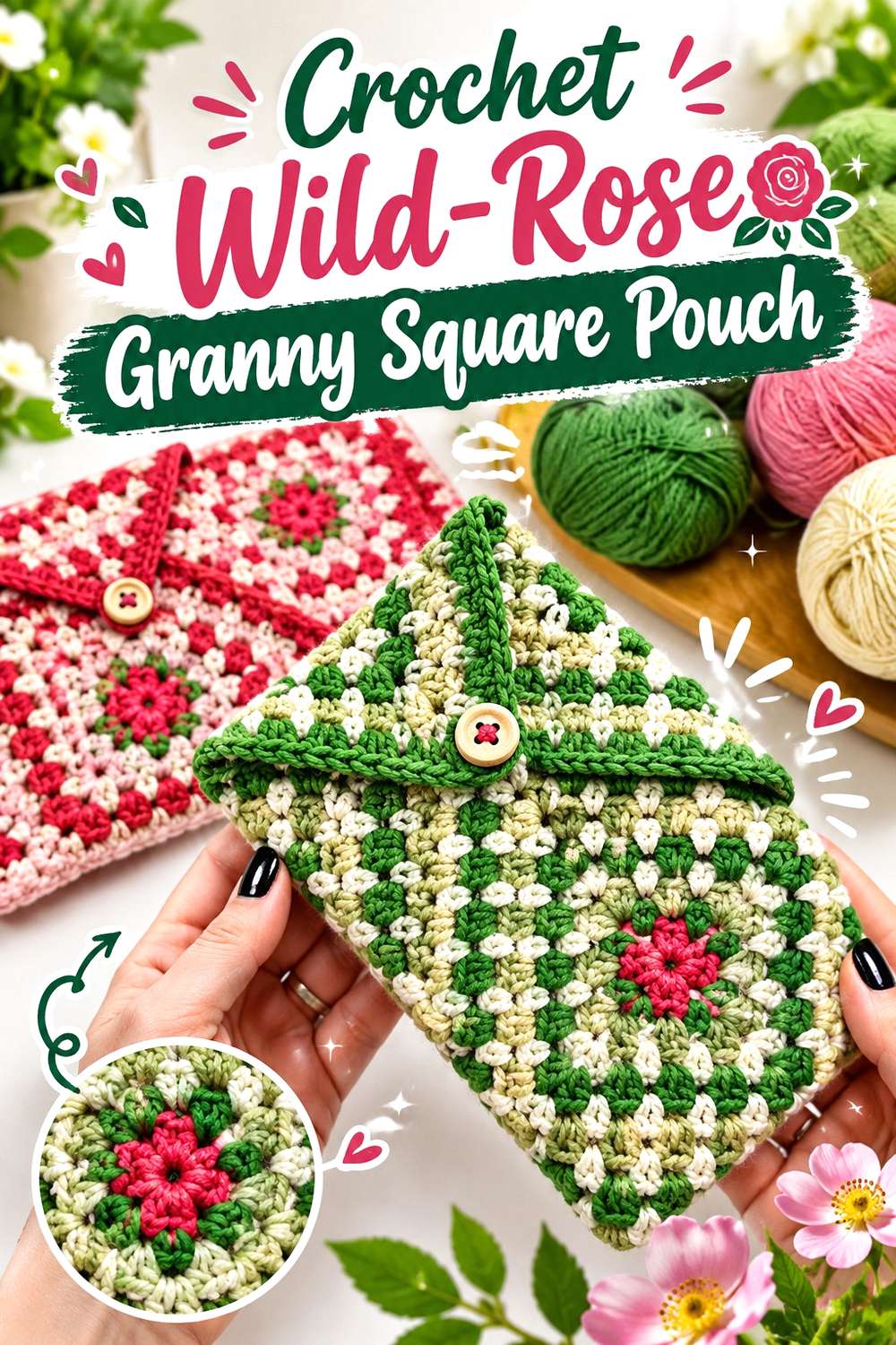 Crochet Wild-Rose Granny Square Pouch
