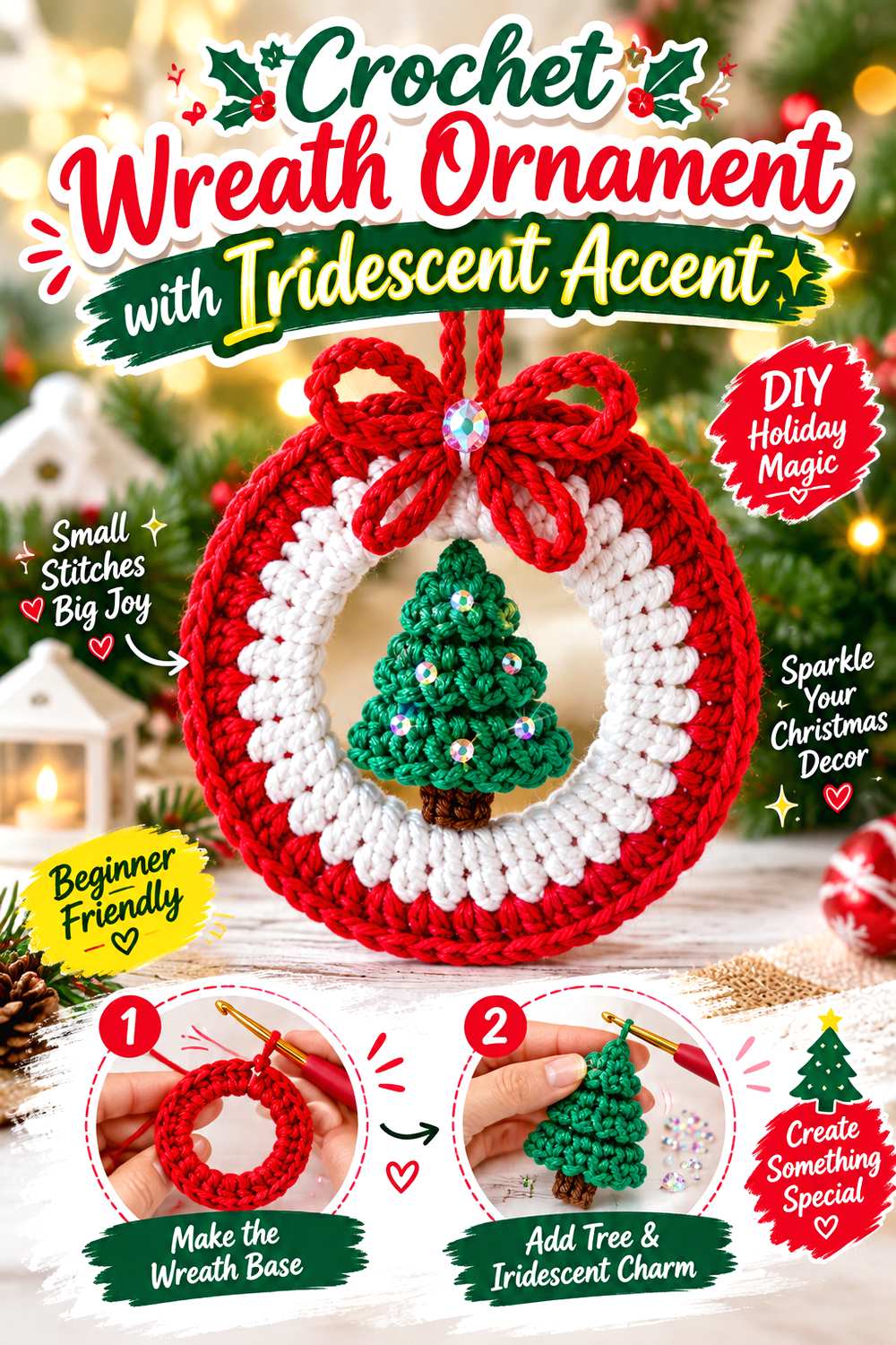Crochet Wreath Ornament with Iridescent Accent