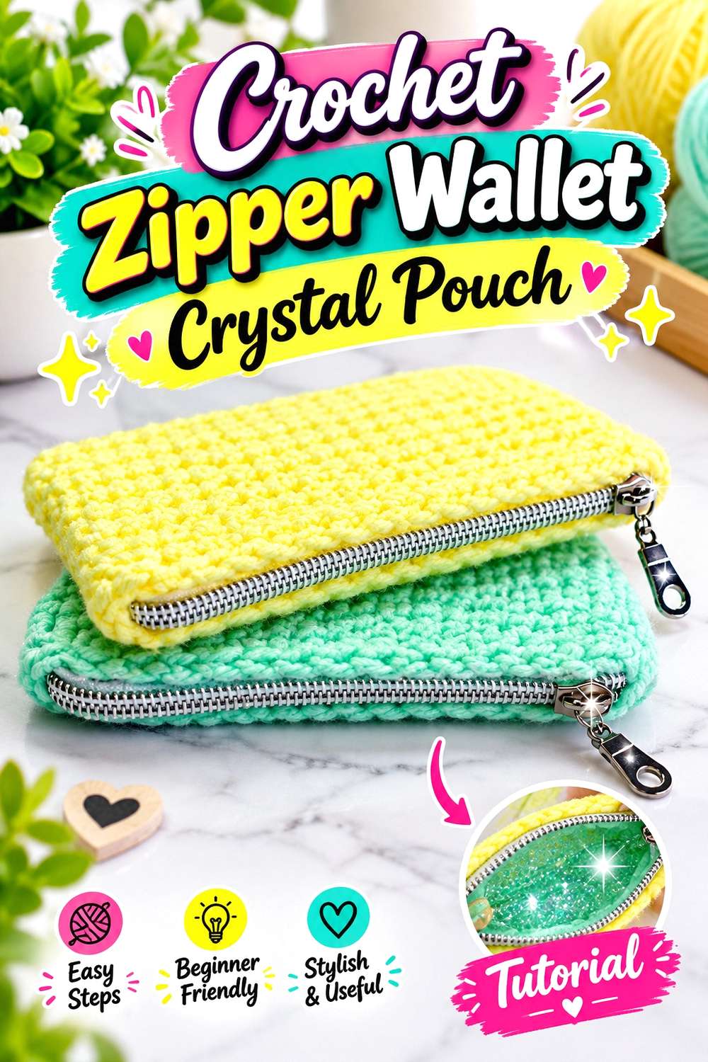 Crochet Zipper Wallet Crystal Pouch