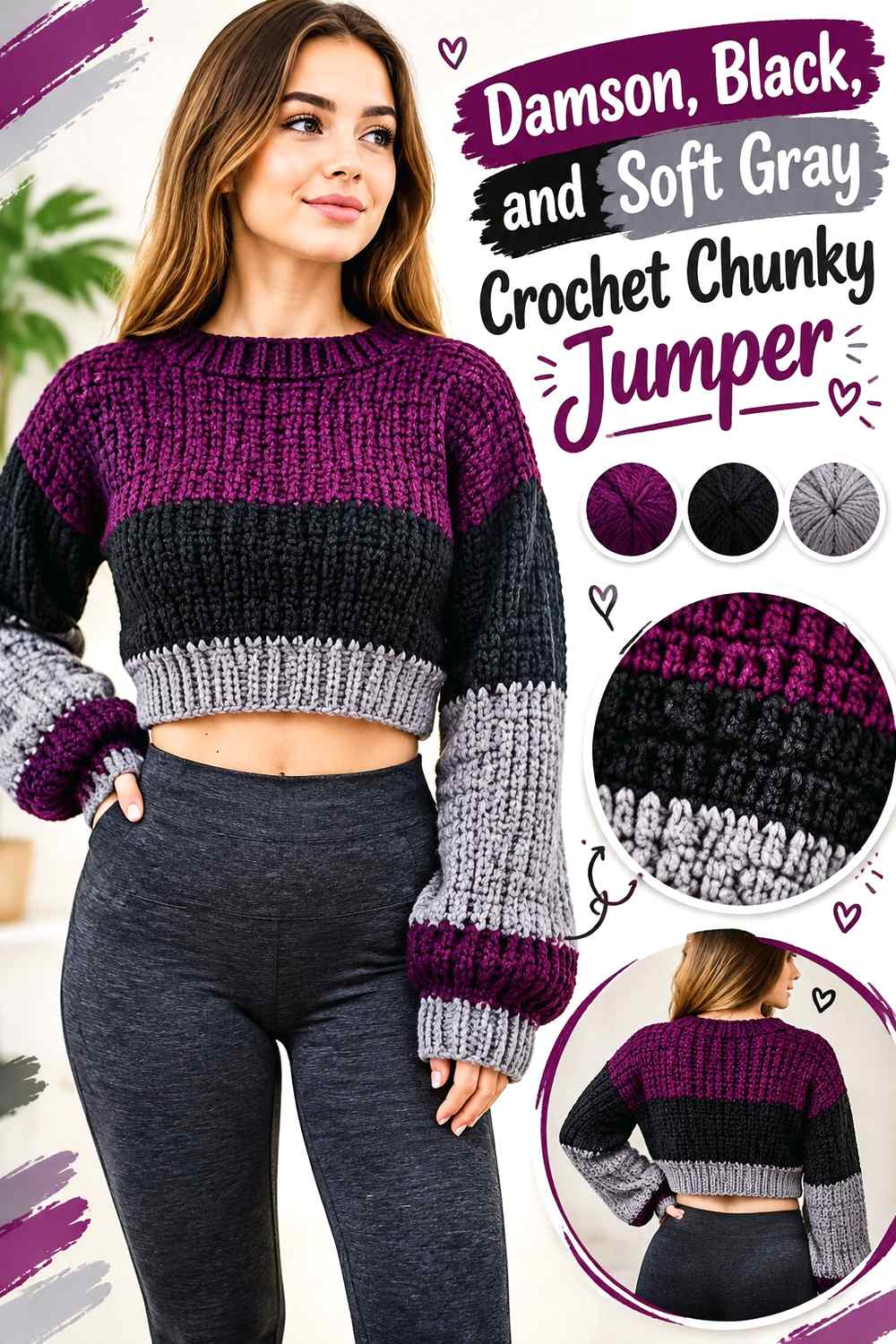 14. Damson Black And Soft Gray Crochet Chunky Jumper
