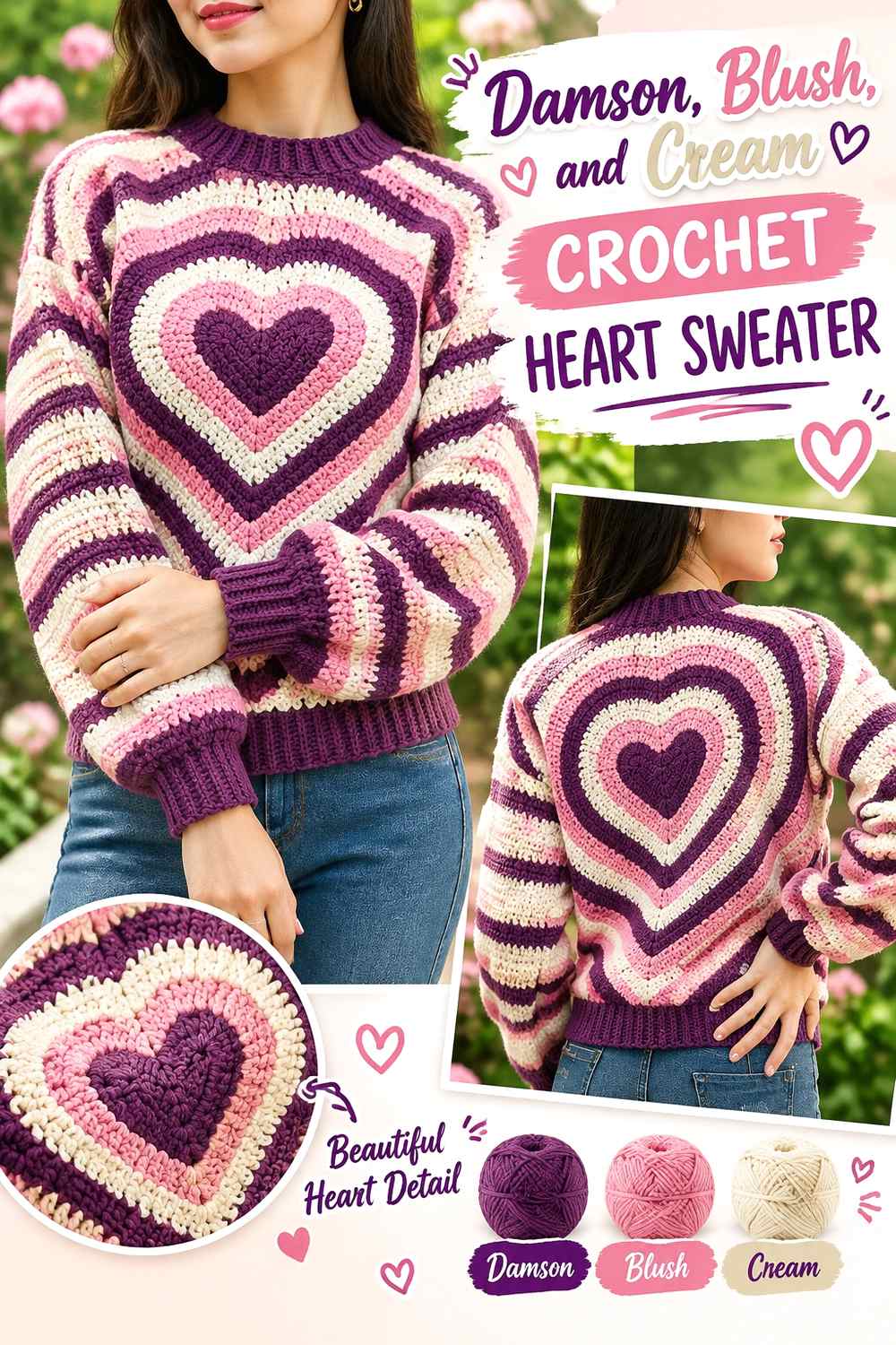10. Damson Blush And Cream Crochet Heart Sweater