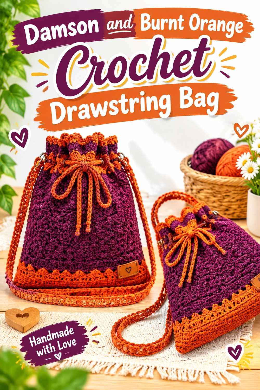 23. Damson And Burnt Orange Crochet Drawstring Bag