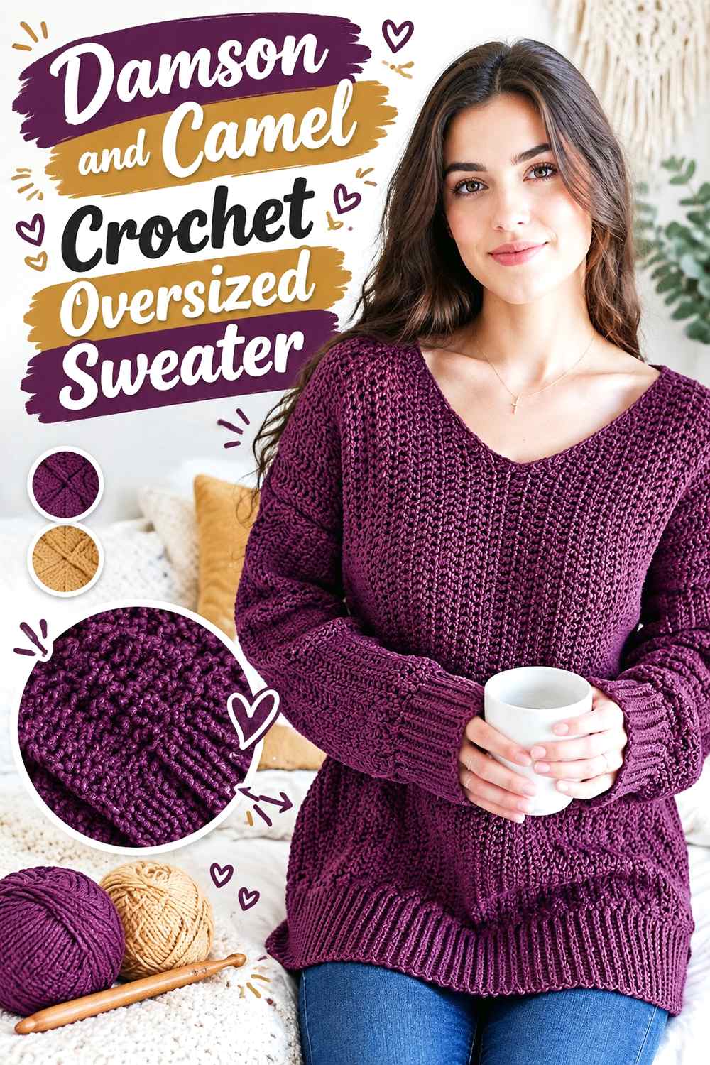 2. Damson And Camel Crochet Oversized Sweater