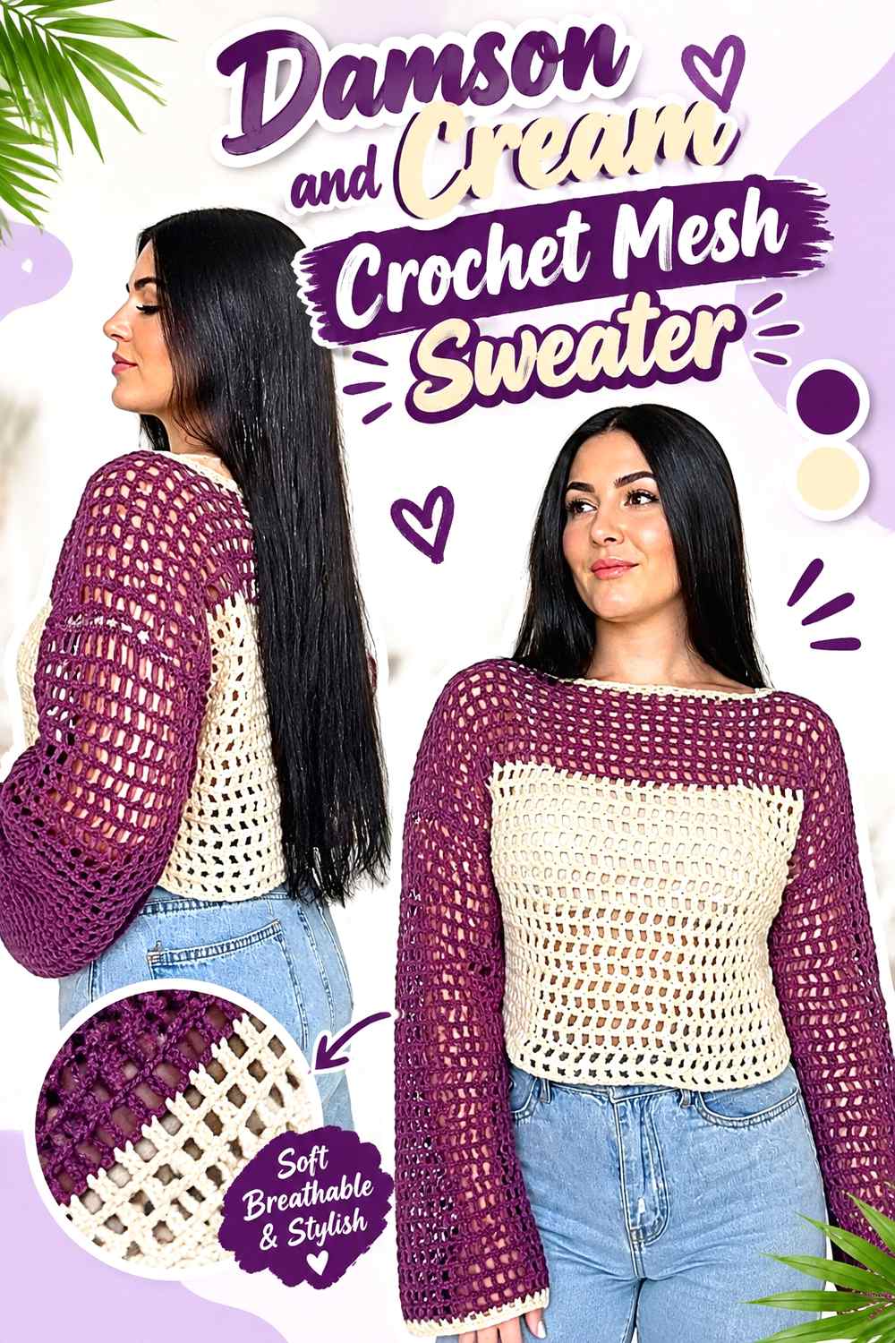 1. Damson And Cream Crochet Mesh Sweater