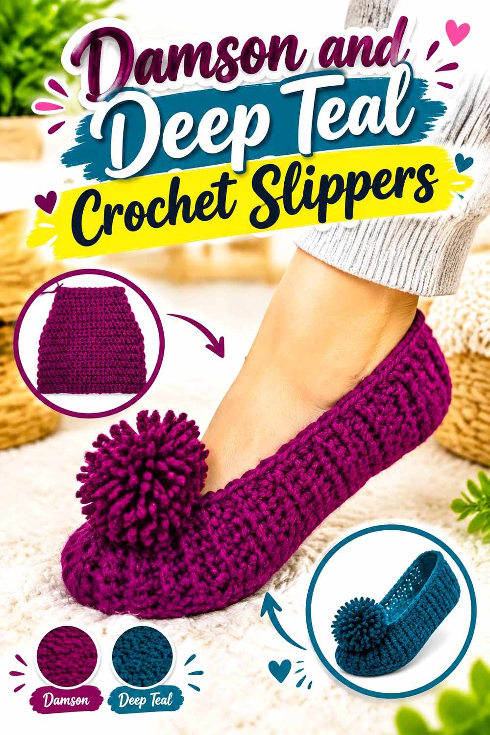 18. Damson And Deep Teal Crochet Slippers