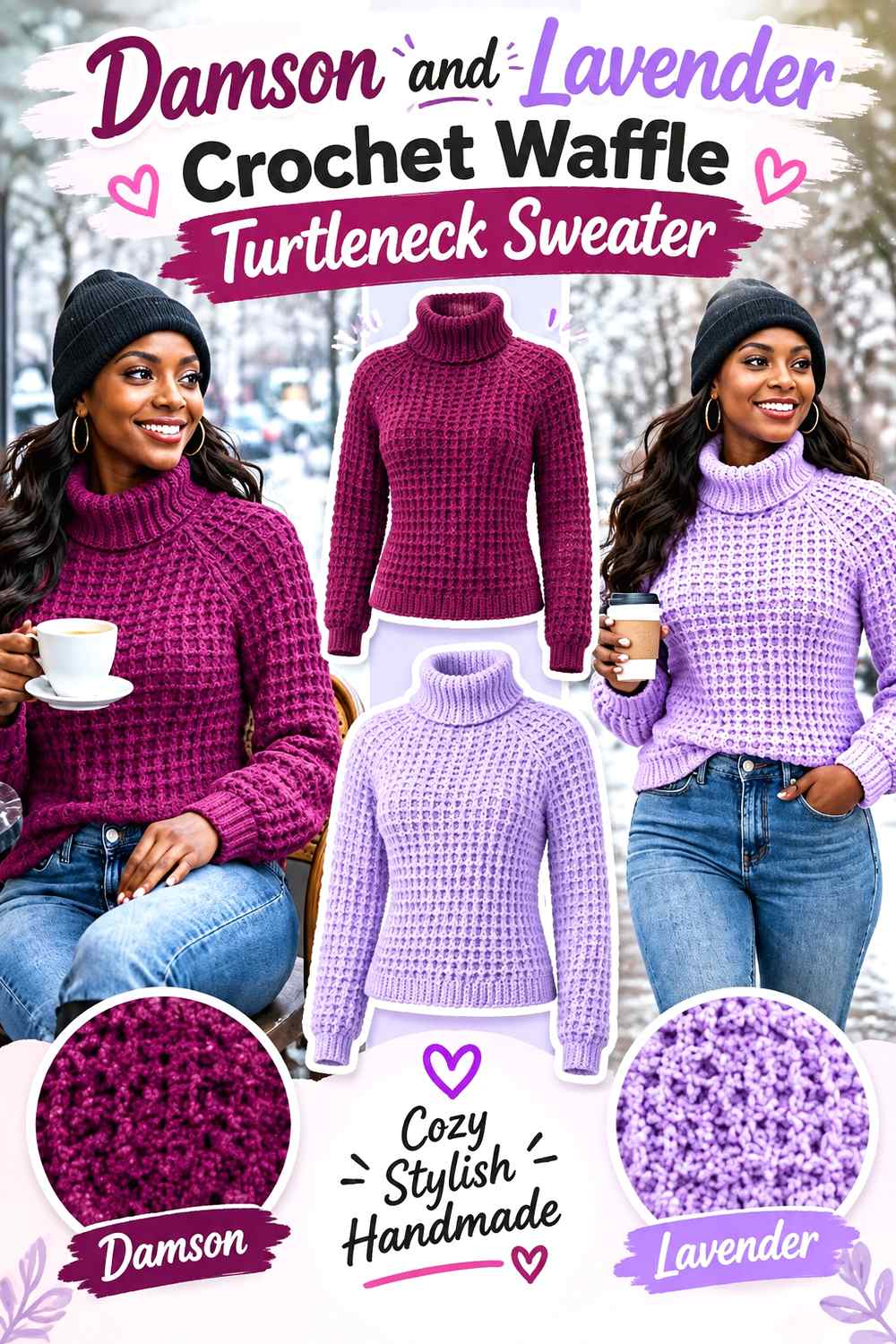 12. Damson And Lavender Crochet Waffle Turtleneck Sweater