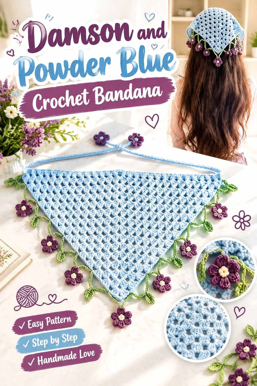 20. Damson And Powder Blue Crochet Bandana