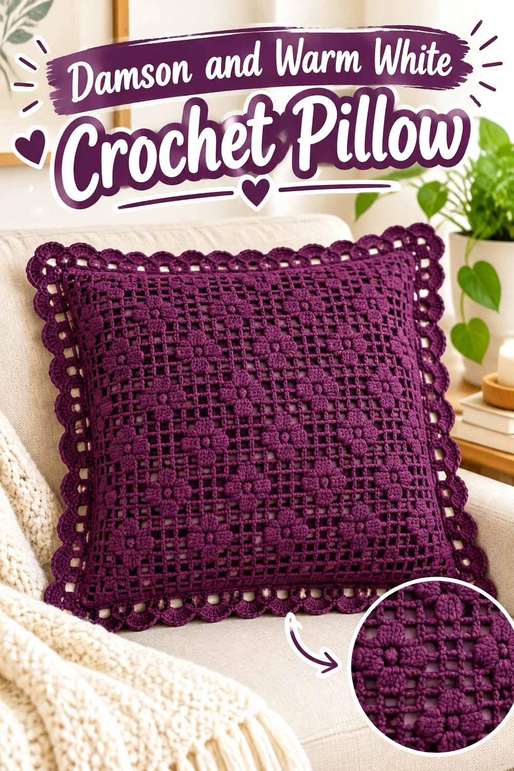 5. Damson And Warm White Crochet Pillow