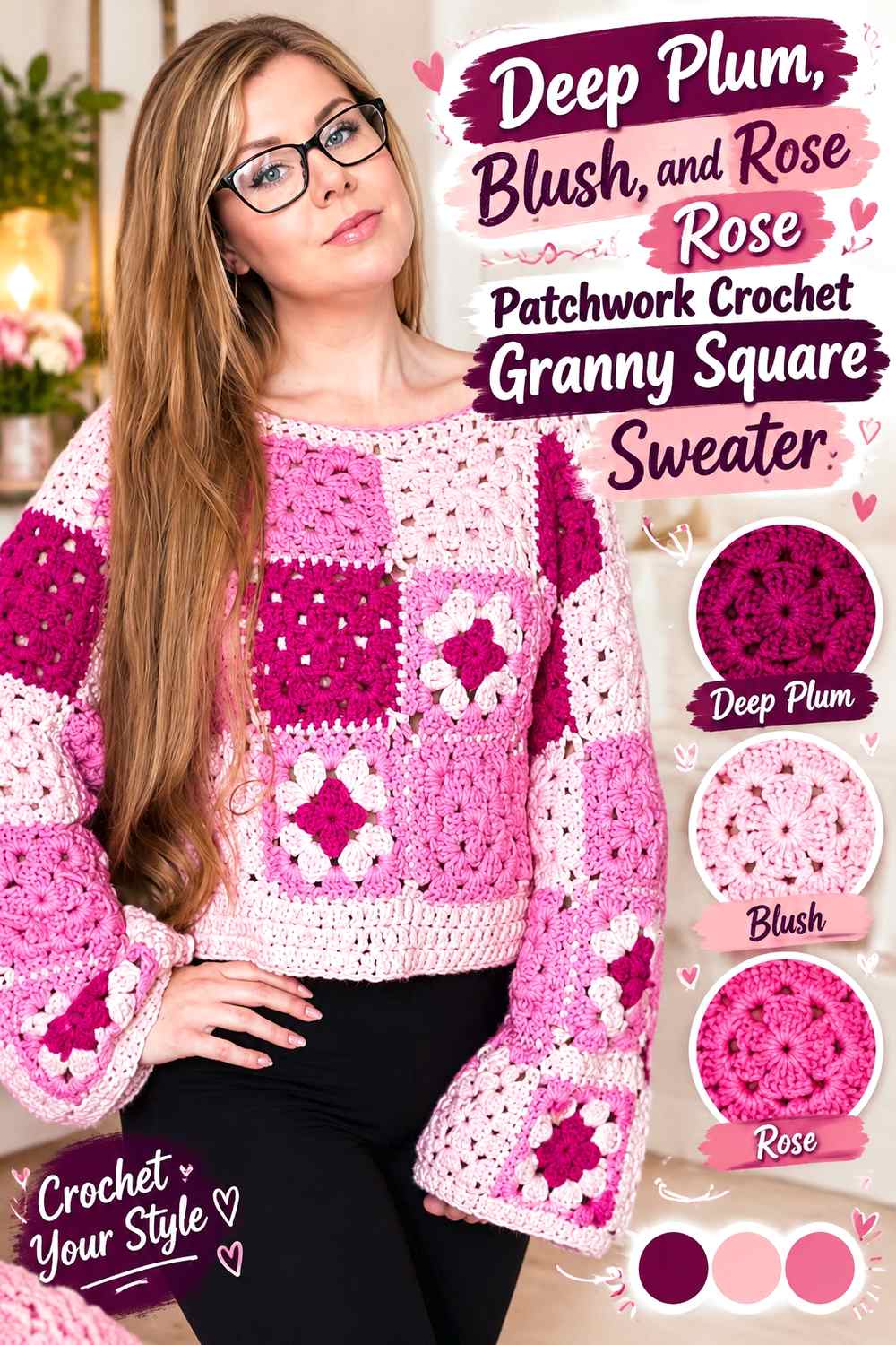 8. Deep Plum Blush And Rose Patchwork Crochet Granny Square Sweater