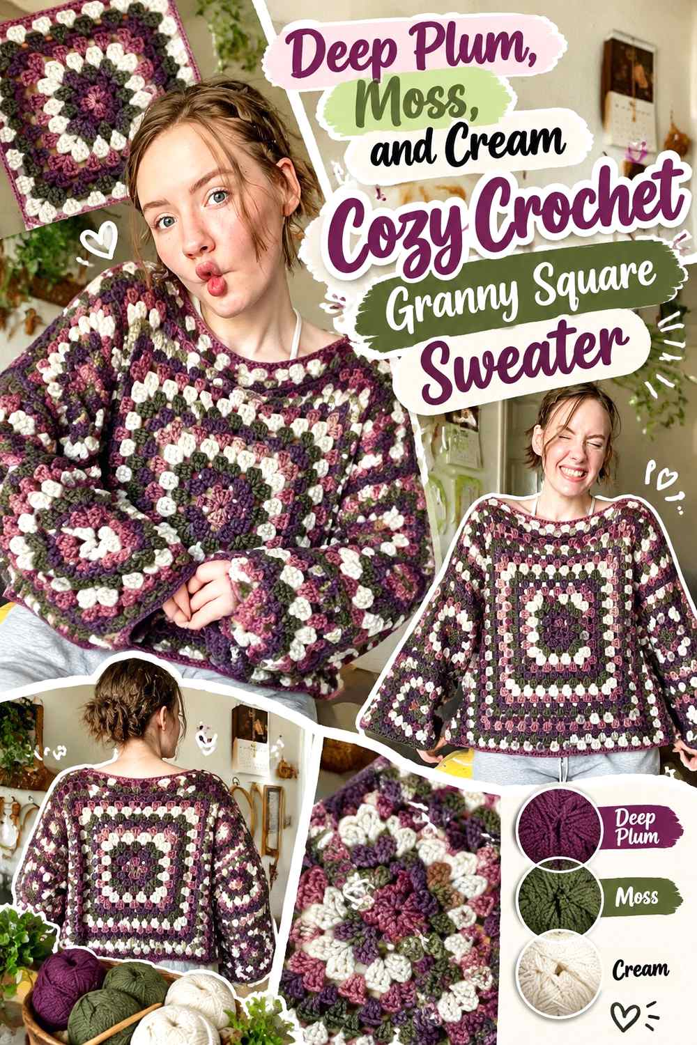 6. Deep Plum Moss And Cream Cozy Crochet Granny Square Sweater