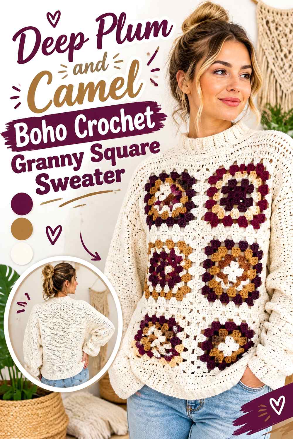 4. Deep Plum And Camel Boho Crochet Granny Square Sweater