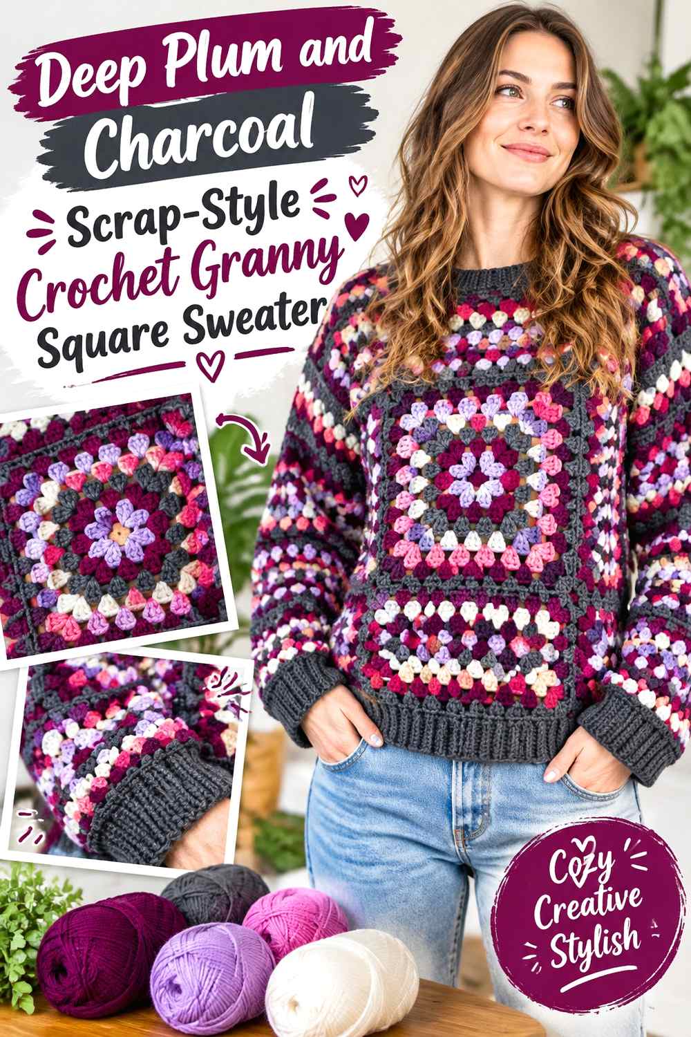 9. Deep Plum And Charcoal Scrap Style Crochet Granny Square Sweater